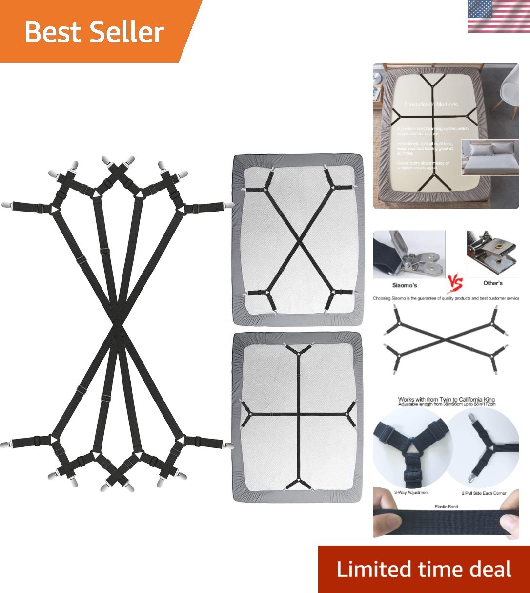 Bed Sheet Clip Straps - 2 Way Adjustable Crisscross Sheet Corner Holder Strap...