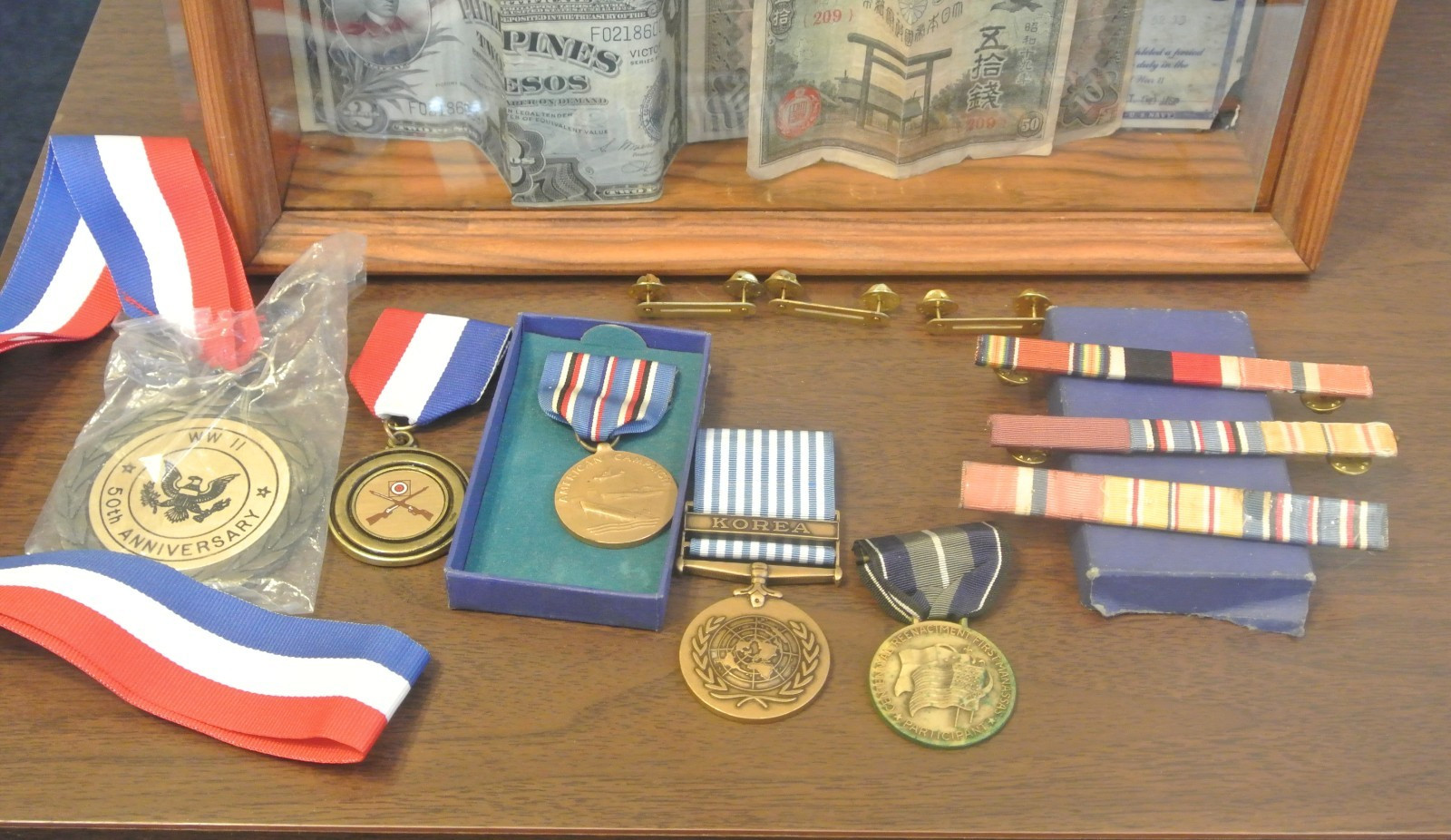 Vintage World War 2 Shadow Box US Navy Medals Ribbons Currency Flag USS Piedmont