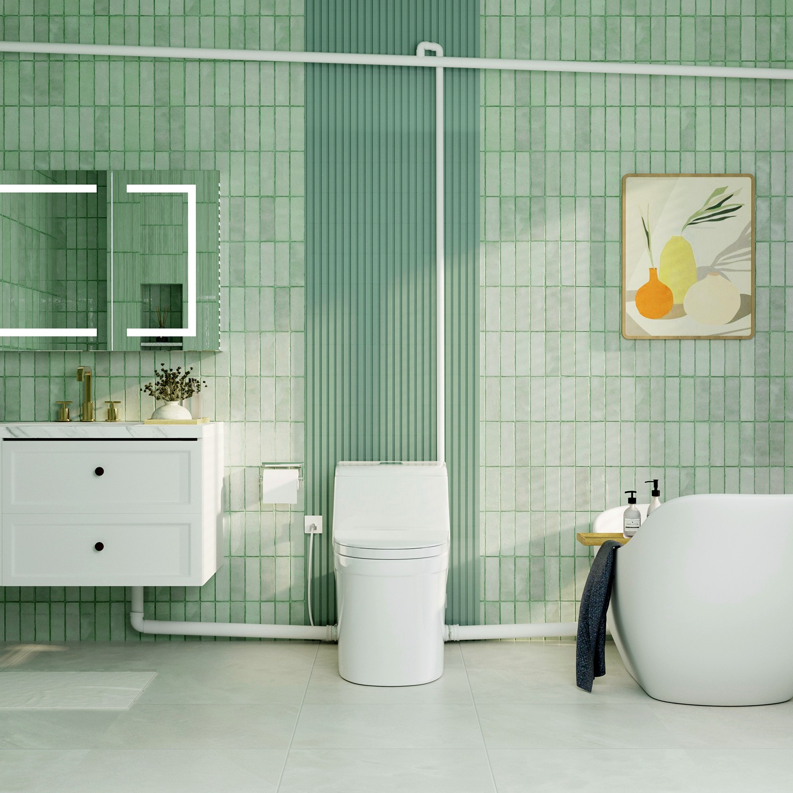 600W One Piece Macerating Toilet System Upflush Toilet w/ 3 Inlets for Basement