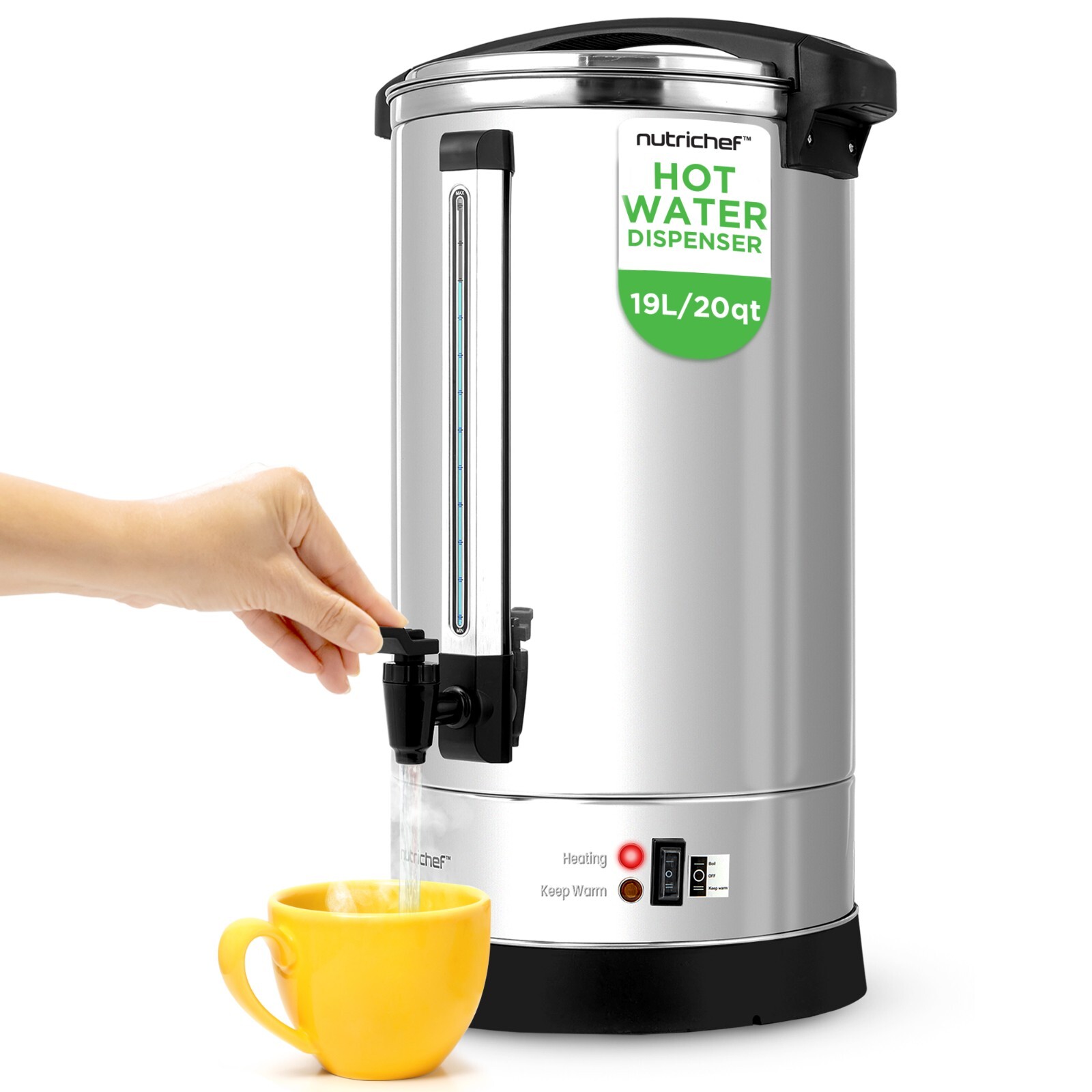 Nutrichef 19L Water Boiler & Hot Water Dispenser w/ Safety Lock Lid Black&Silver