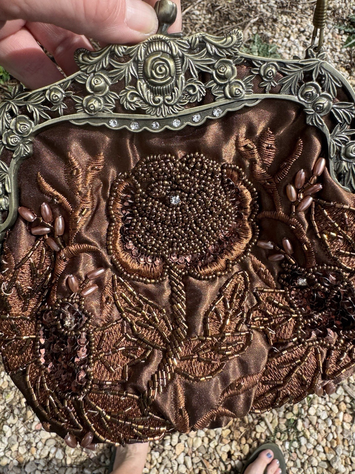 Vintage Beaded Evening Bag Brown Kiss Lock Closure Bronze Metal