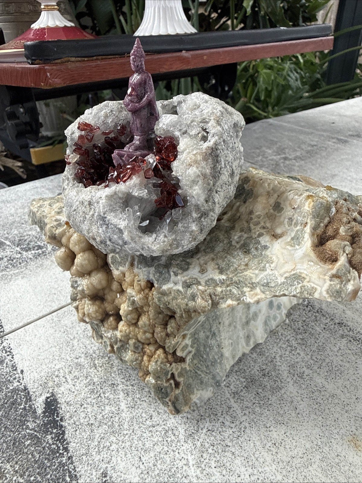 Carved Ruby Buhda On Ocean Jasper Faced Rough, Incredible Orbs Red Crystals 6”