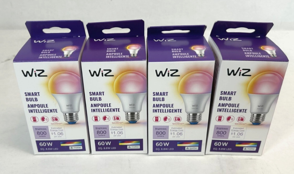 Lot of 4 -WiZ 603449 A19 White & Color Changing Wi-Fi Smart LED Light Bulbs