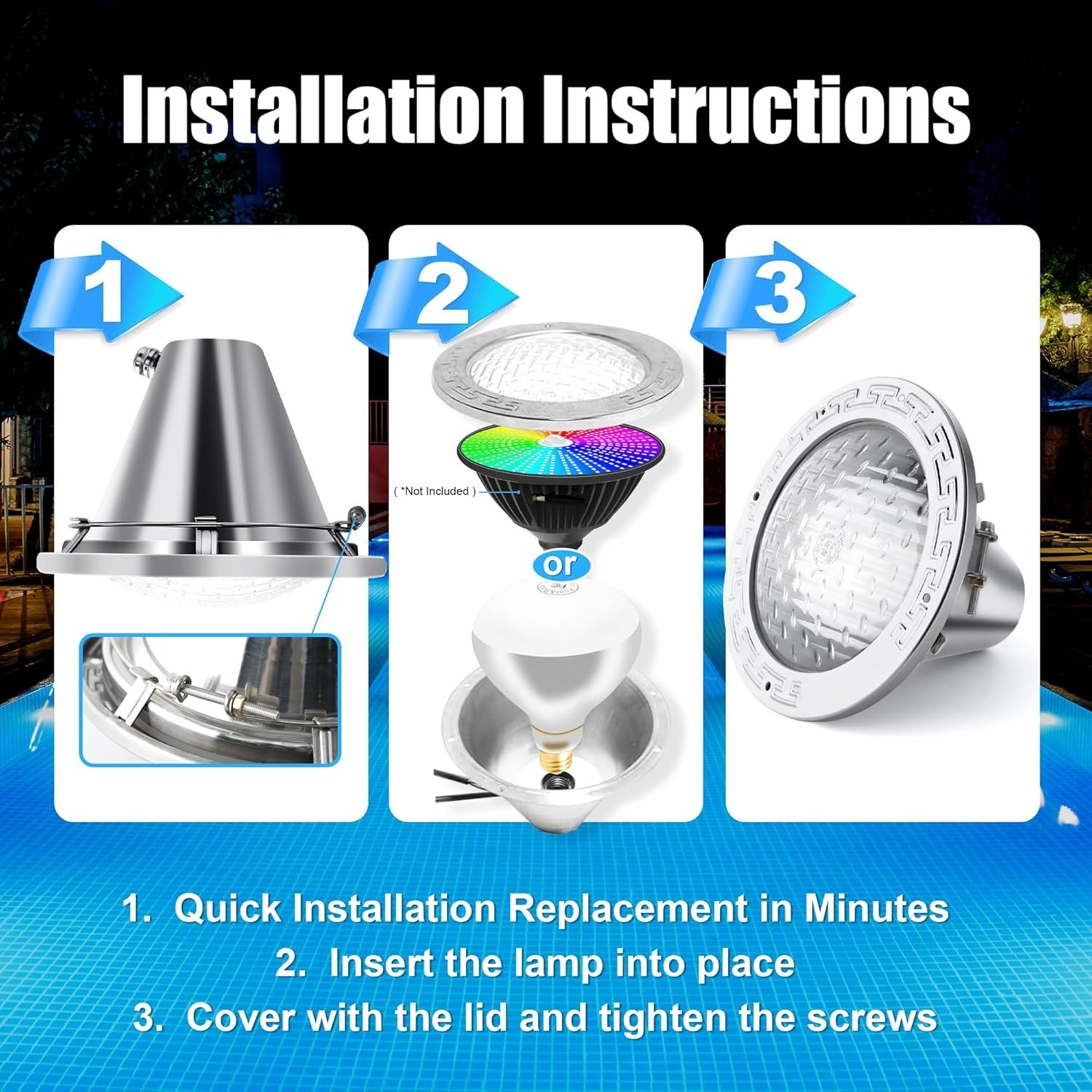 120V 10-Inch Waterproof Pool Light for Inground Pools – IP68 Rated 50 FT