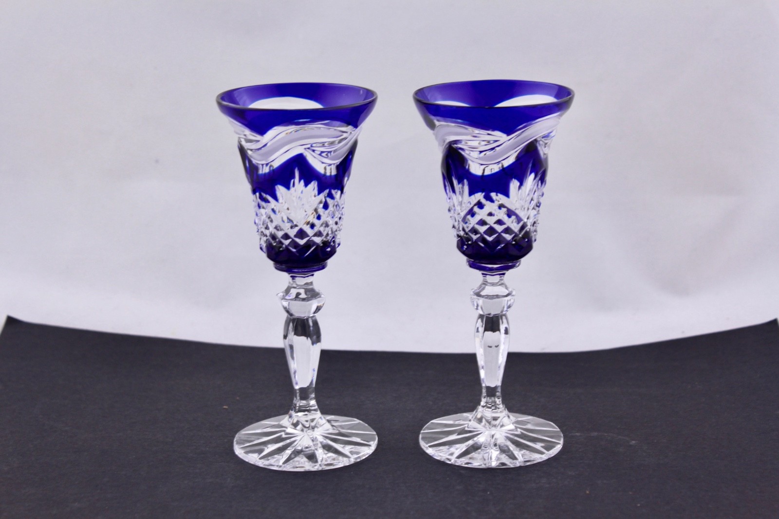 SET OF 2 E. BIELECKA/BOHEMIAN CRYSTAL COBALT BLUE 4-3/4" LIQUEUR GLASSES