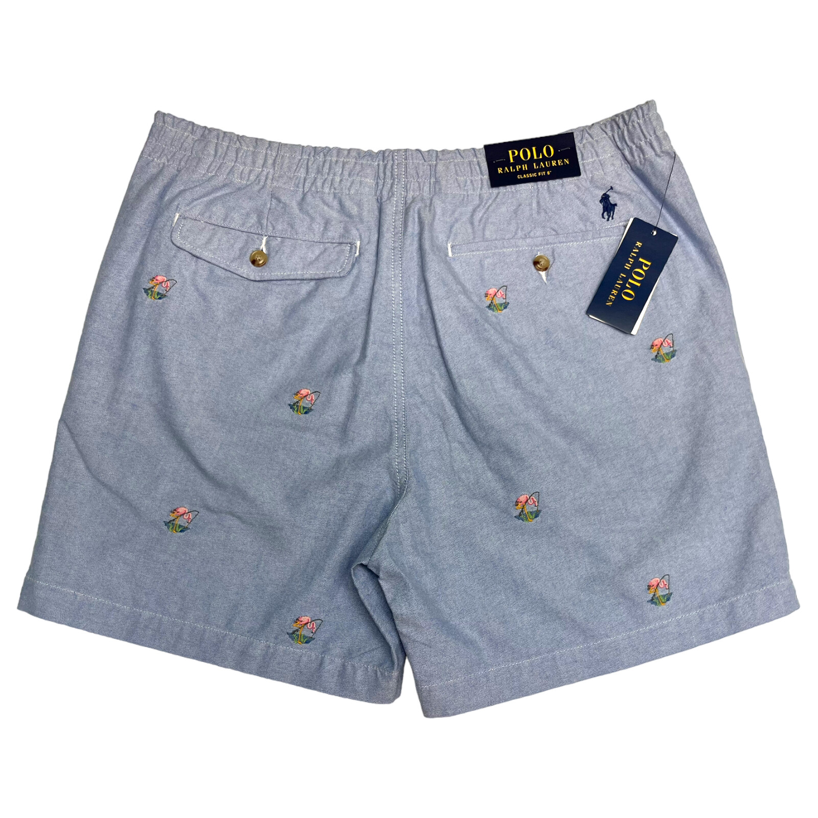 Polo Ralph Lauren Classic Fit 6" Oxford Short Flamingo Embroidery Blue $125 NOLA