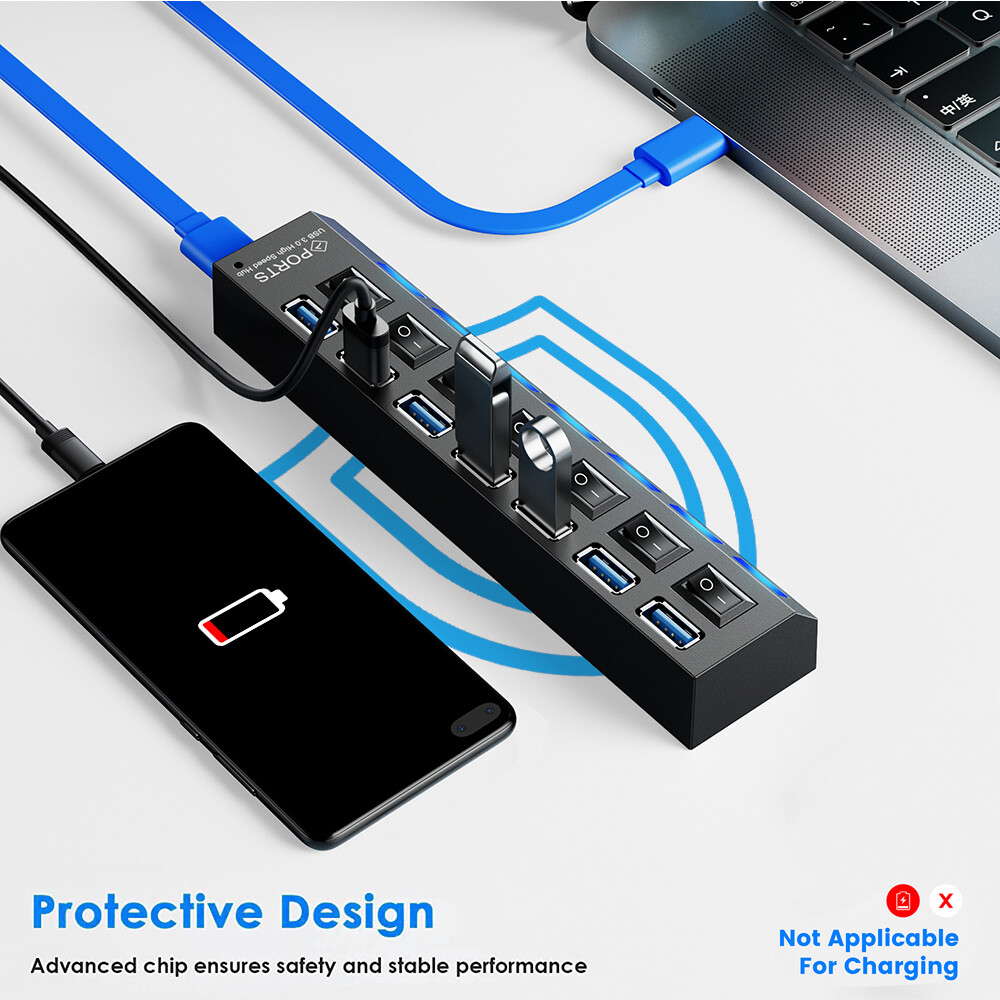 USB 3.0 Hub 7 Port On/Off Switch High Speed Splitter AC Adapter Cable PC Laptop