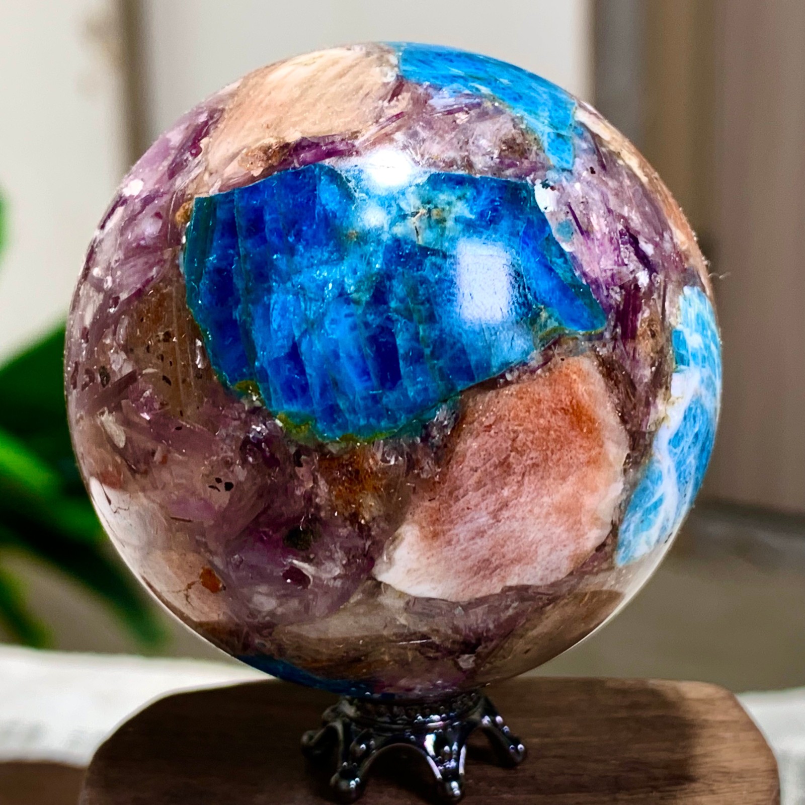 177G Natural Blue Aptite +Sun Stone purple lepidolite Sphere mineral sample