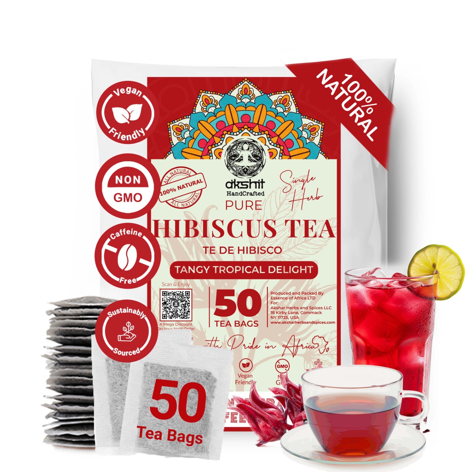 50 Organic Hibiscus Tea Bags, 100% Pure Dried Hibiscus Flower Tea, Te De Hibisco