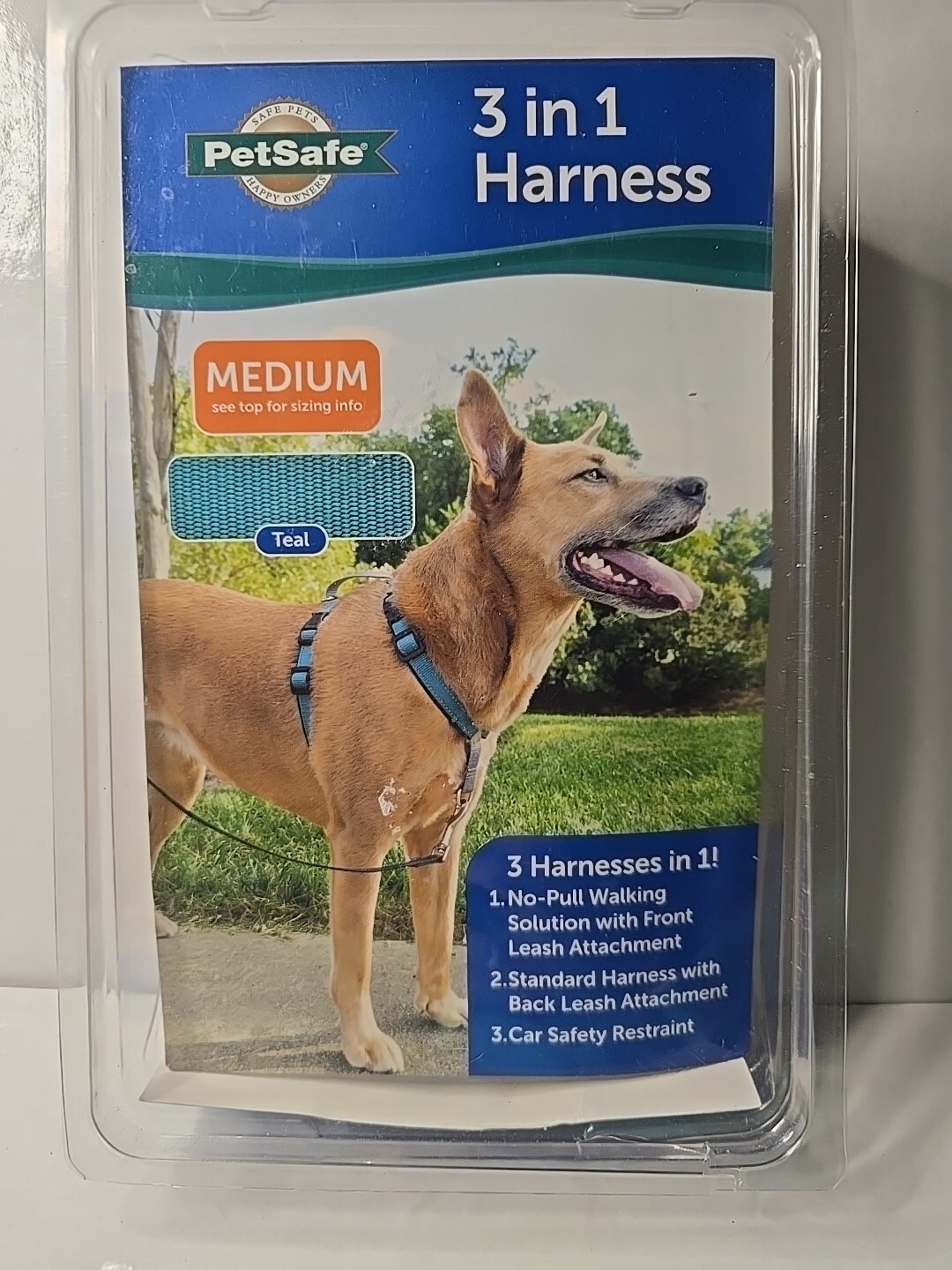 PetSafe 3 in 1 Dog Harness-MEDIUM-Teal-No Pull Design-Car Restraint-Reflective