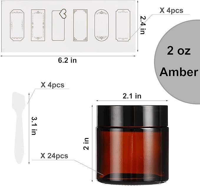 24 Pack 2oz Amber Glass Jars with Black Lids, Round Empty Containers for Scrubs