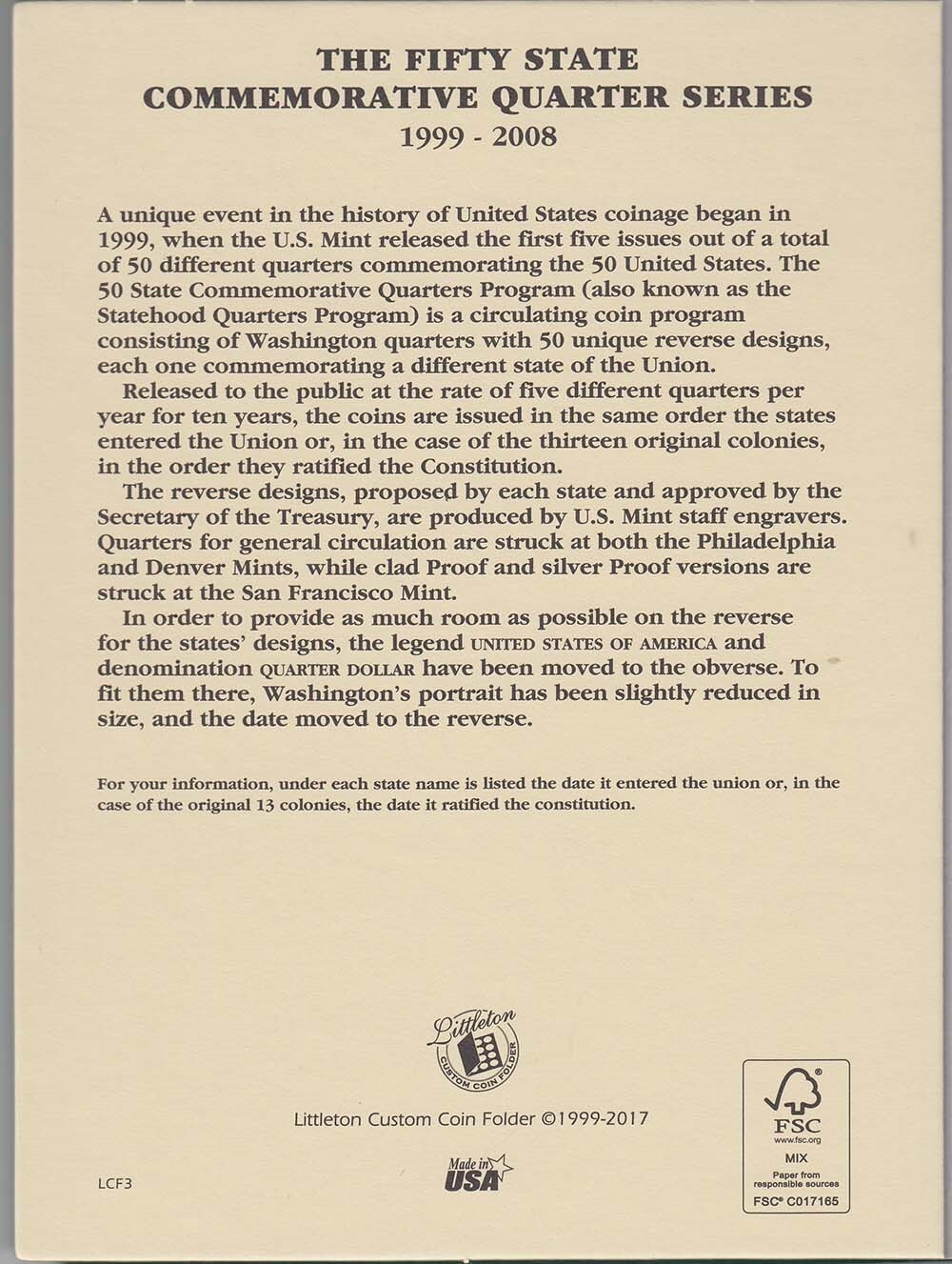 Littleton Coin Folder State Quarters 1999-2008 LCF3 Commemorative Date Set Album