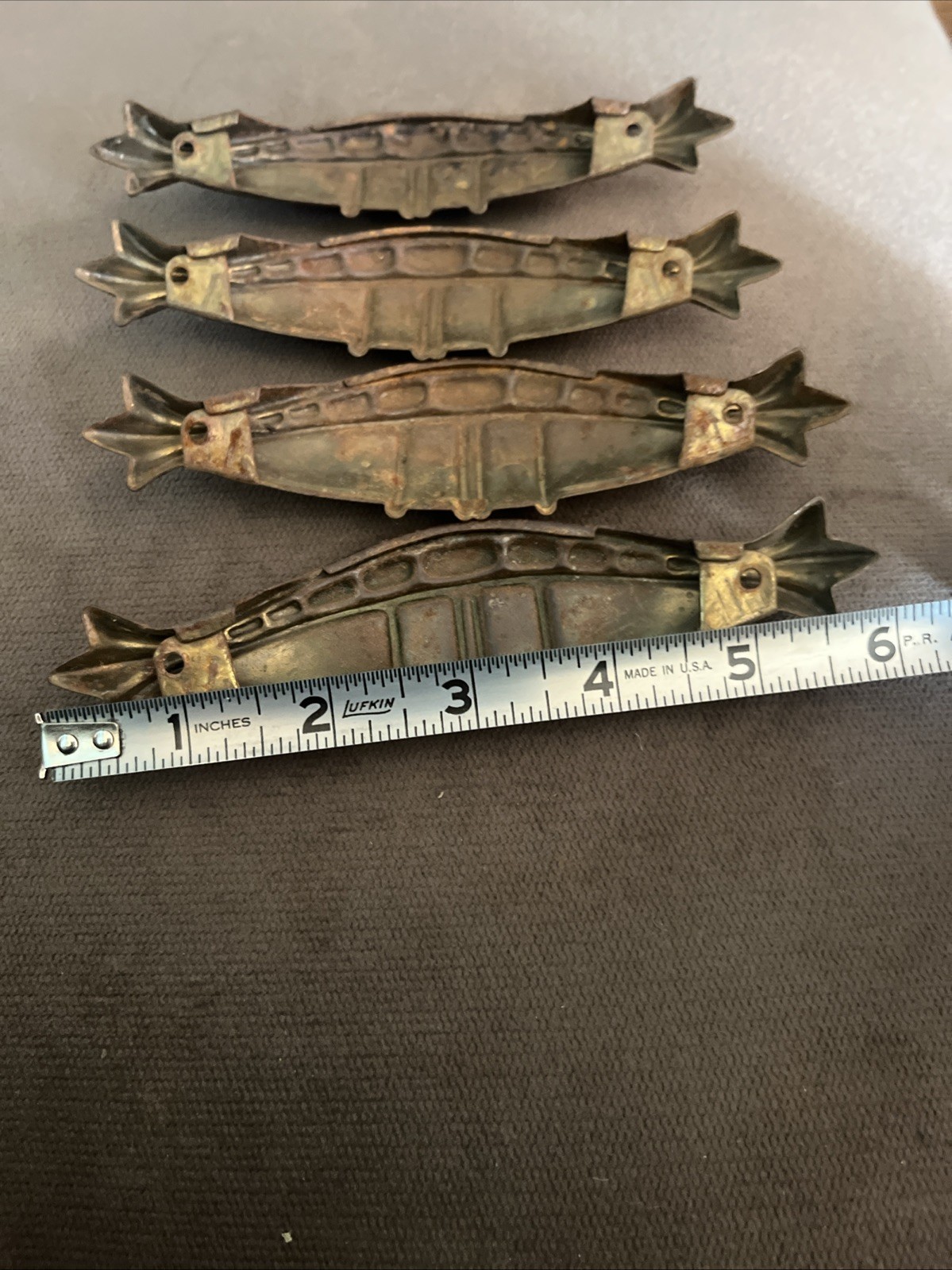 Set of 4 Vintage Art Decò Metal Ornate Drawer Pulls 6” Long Nice Patina