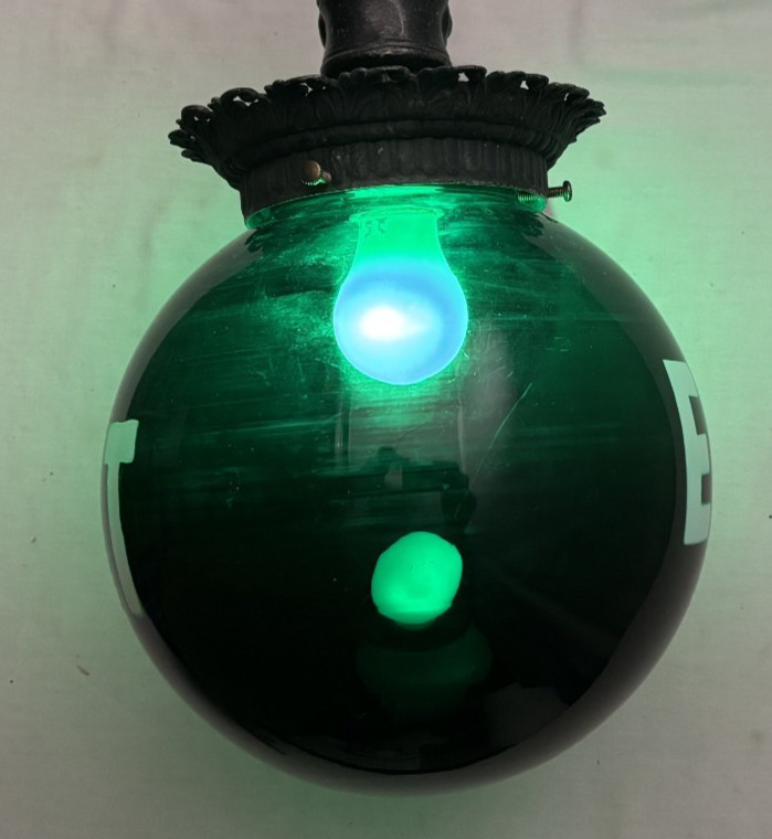 Exit Glass Light Shade Globe Vtg Wall Sconce Green Art Glass USA #L47