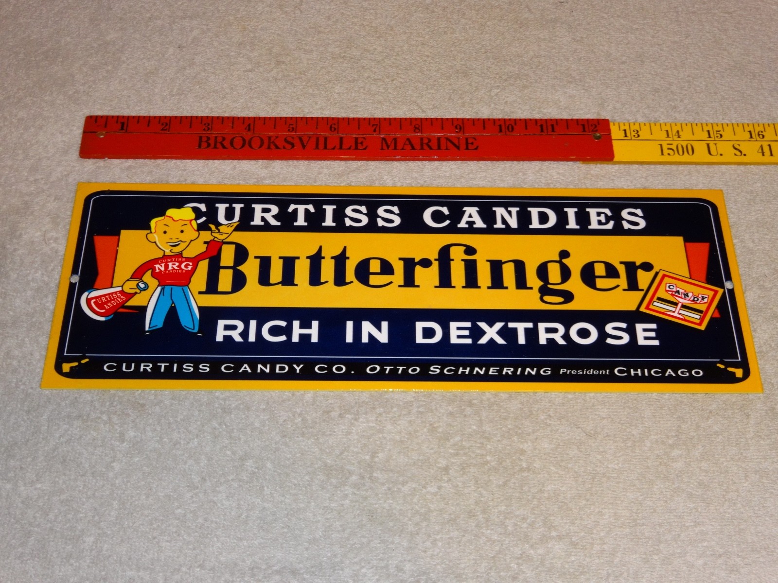 VINTAGE CURTISS CANDIES BUTTERFINGER 15" METAL CHICAGO CHOCOLATE CANDY BAR SIGN!