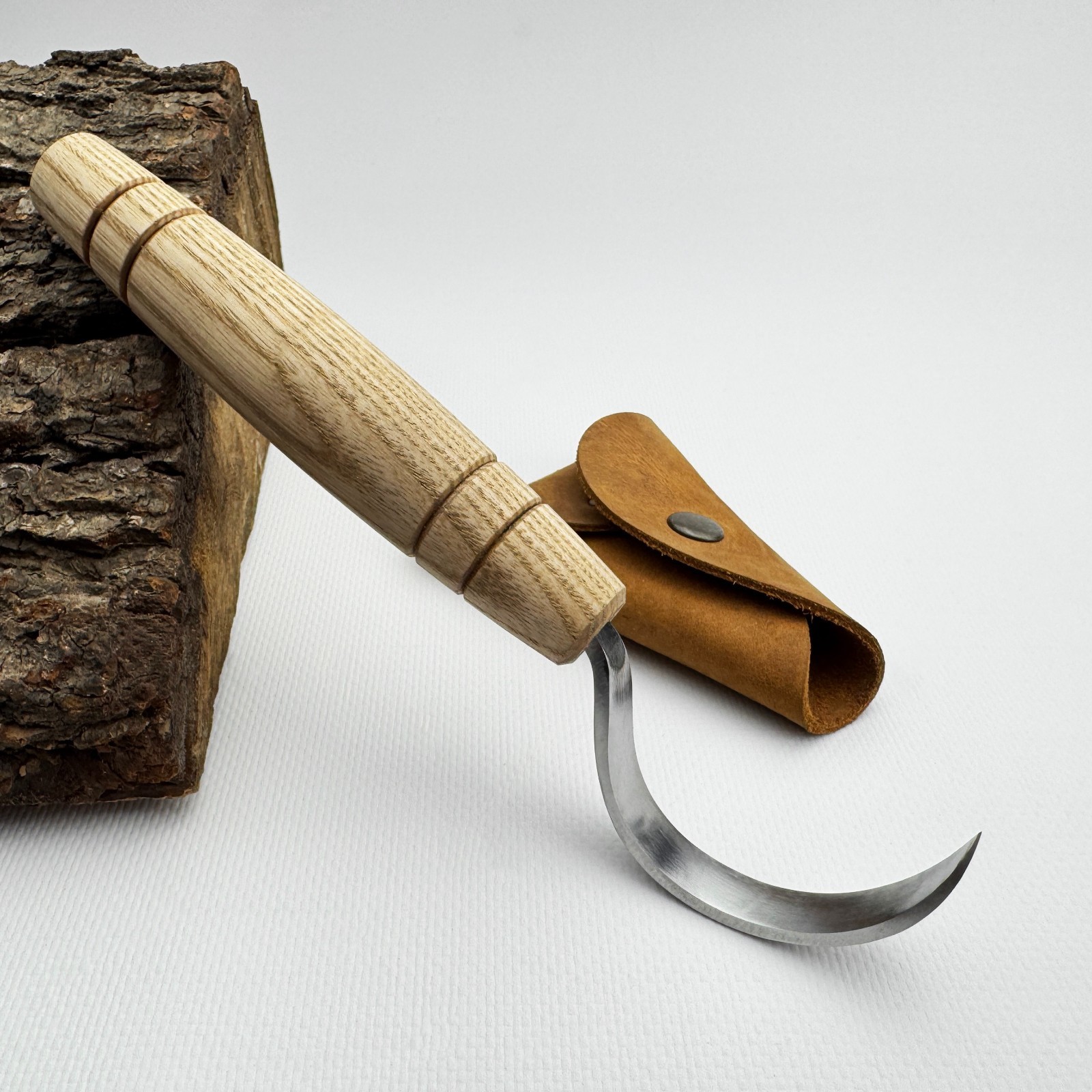 Hand-Forged Hook Knife – 52100 Steel Blade, Ash Handle, With Leather Sheath