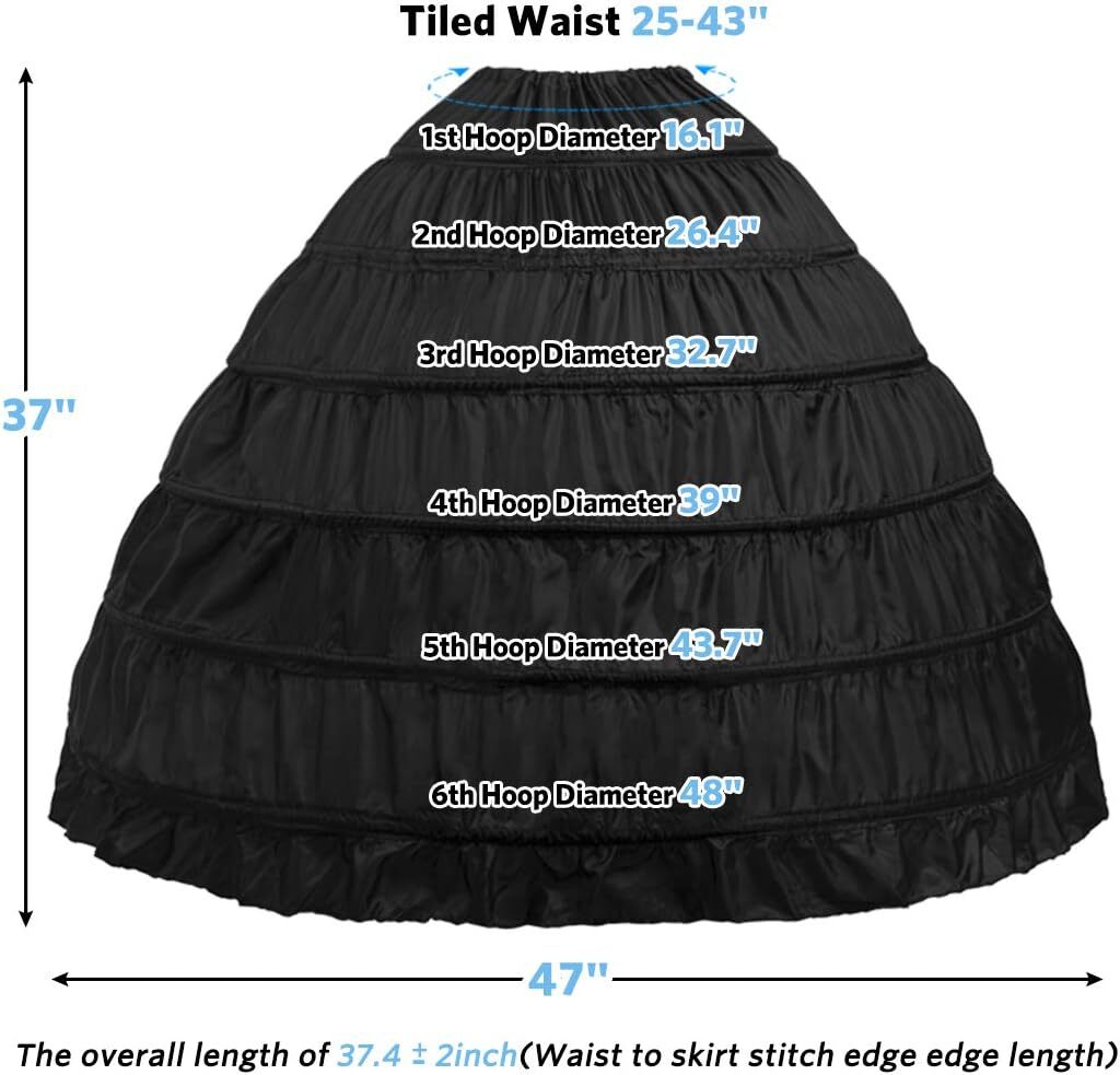 Full 6 Hoop Skirt Floor Length Crinoline Underskirt Wedding Dress Petticoat