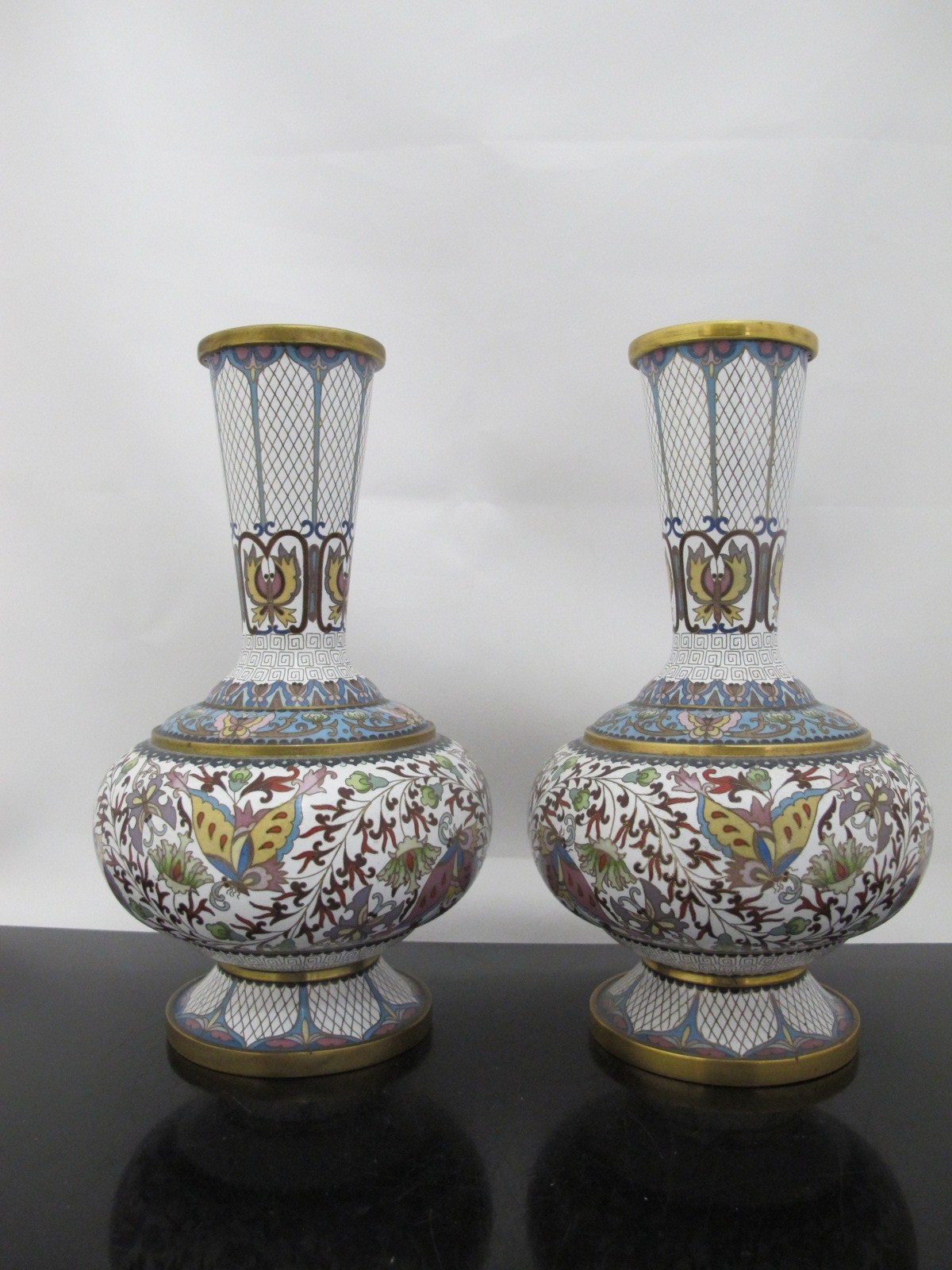 CHINESE White Enamel CLOISONNE Colorful Butterfly & Flower Vase Pair