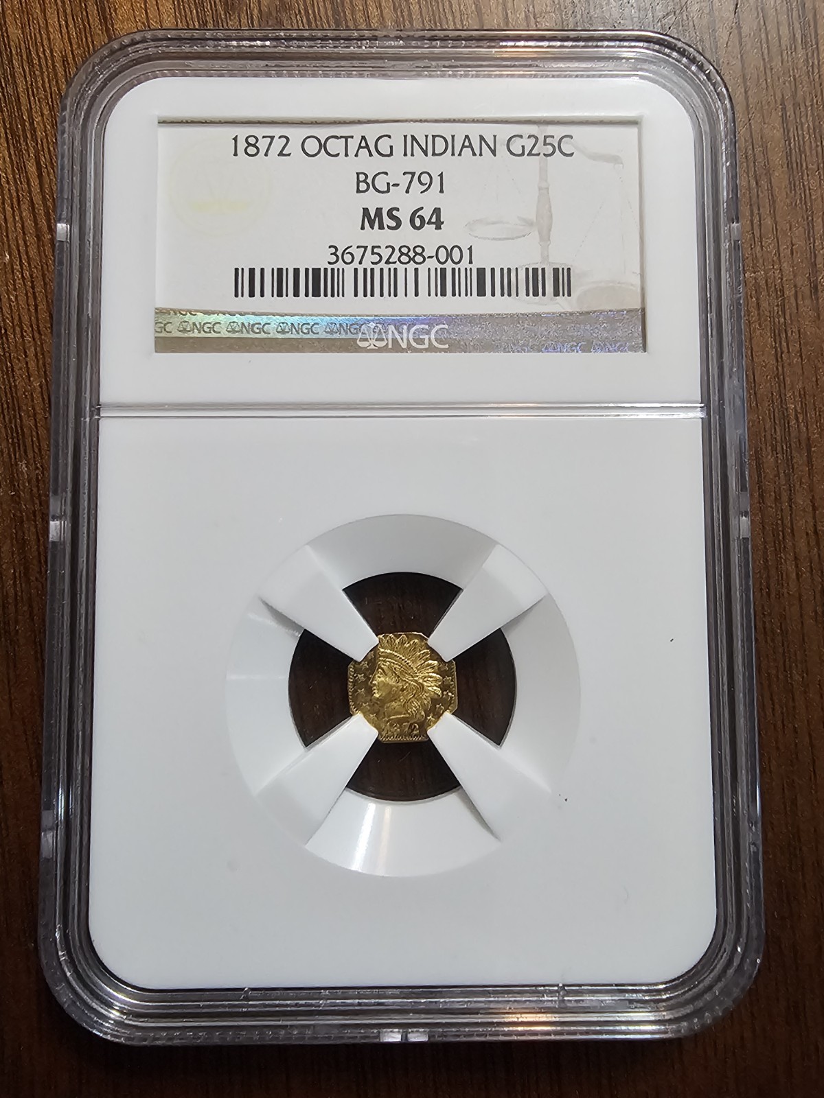 1872 Octagonal Indian California Fractional Gold Coin G25C BG-791 NGC MS64 1/4