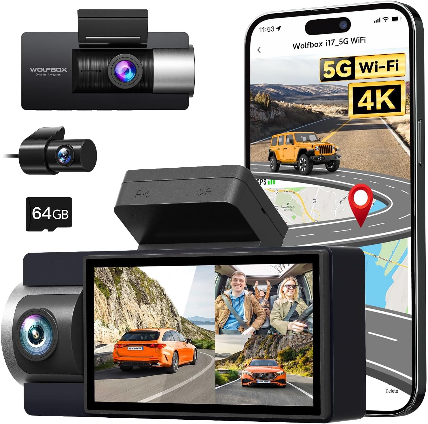 WOLFBOX Dash Cam i17 4K 3 Channel Dash Camera, 5.8GHz WiFi & GPS with 64GB Card