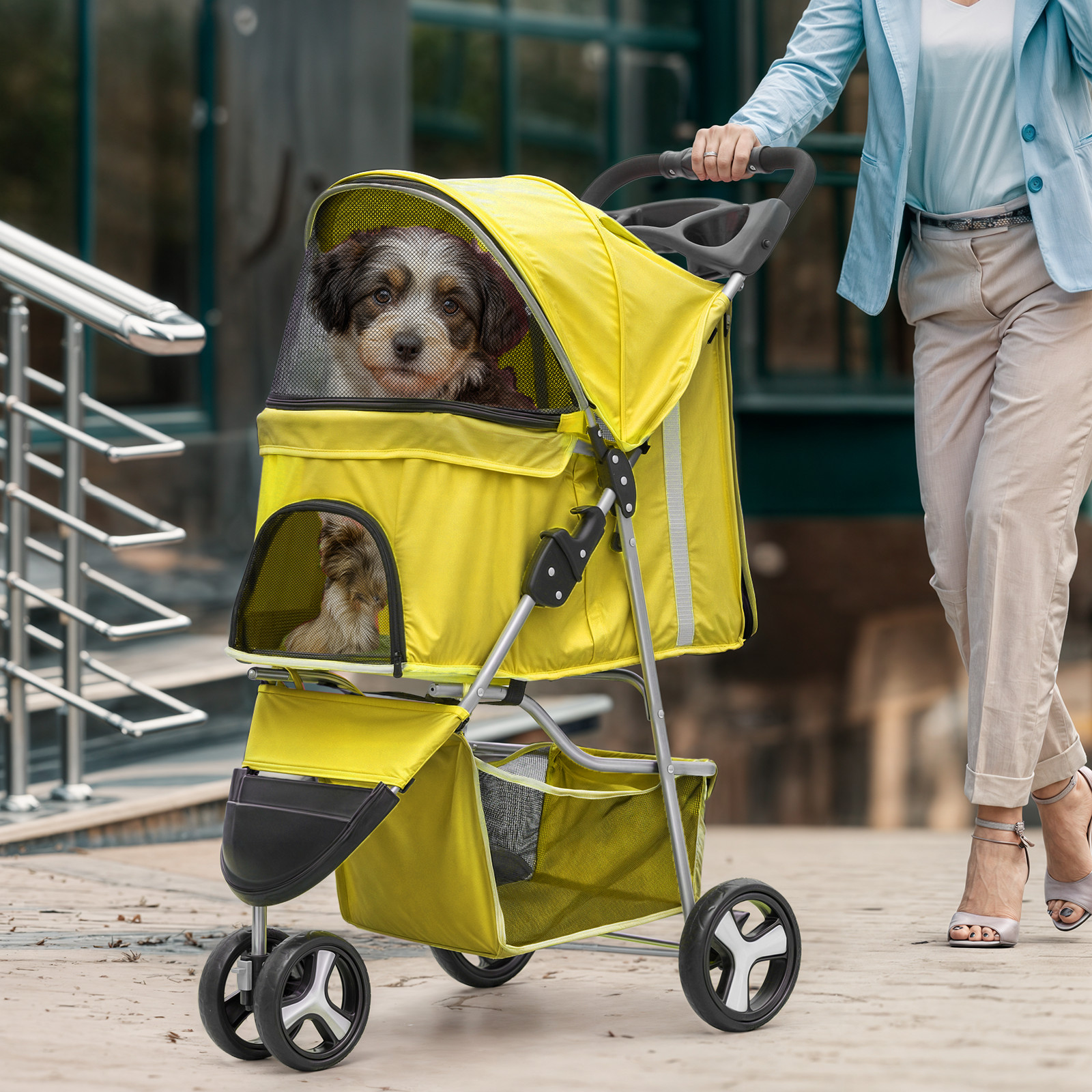 Yellow Foldable Dog Stroller Portable Pet Cat Carrier Cart w/Adjustable Sunshade