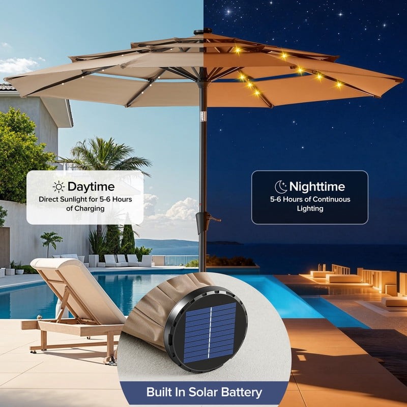 10 FT 3-Layer Solar Patio Umbrella, 32 LED Lights Market Umbrella