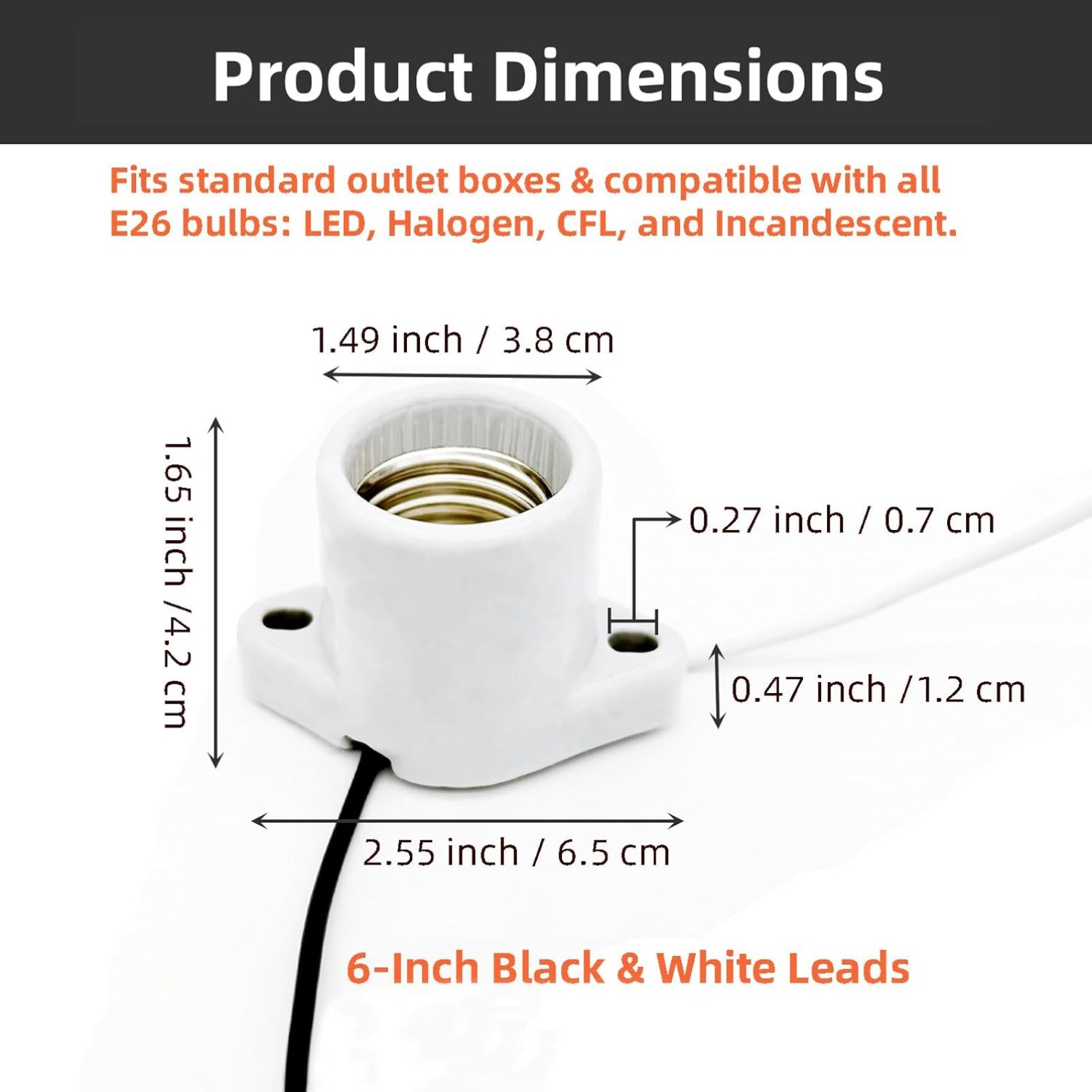 4-Pack E26 Ceramic Light Sockets, 600V 660W Lamp Holder & 6" 18AWG Wire