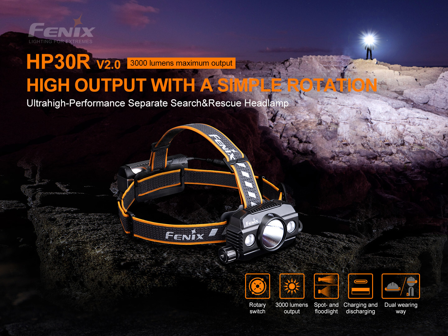 Fenix HP30R v2.0 (Black) 3000 Lumen Spotlight & Floodlight Headlamp