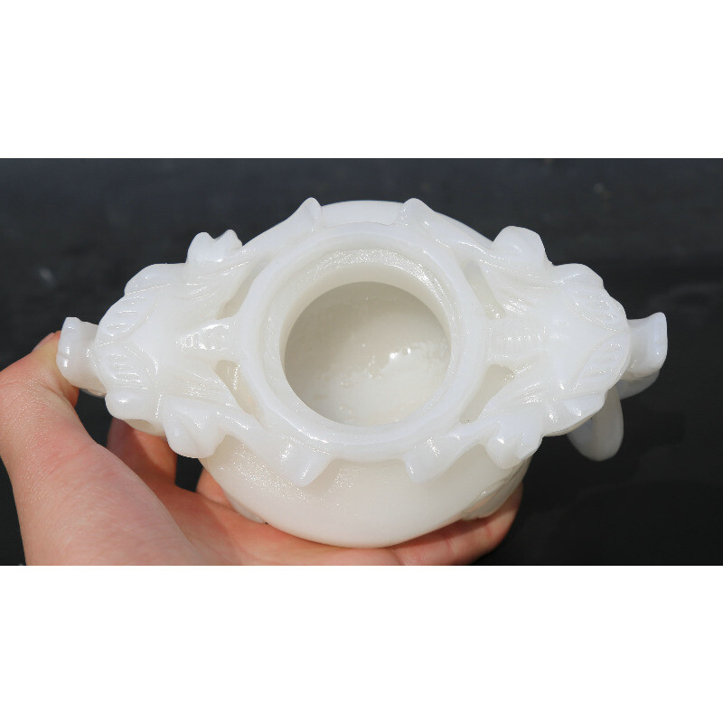 6.5" Chinese White Jade Carved Dragon Head Beast Tripodia Incense Burner Censer