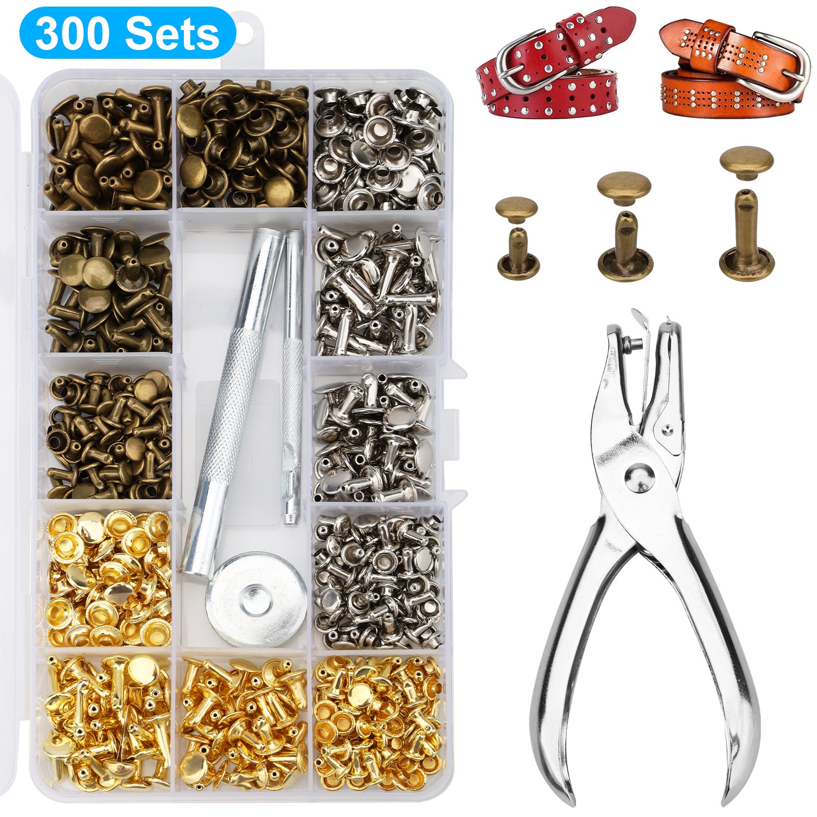 300PCS Leather Rivets Kit Double-Sided w/ Punch Tools for Bags Belts Clothes DIY