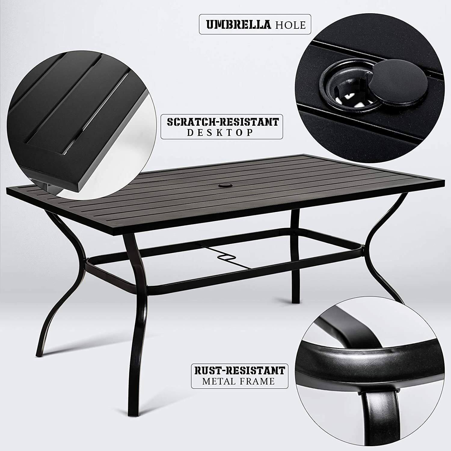 60" Outdoor Dining Table Metal Rectangular Patio Dining Table with Umbrella Hole
