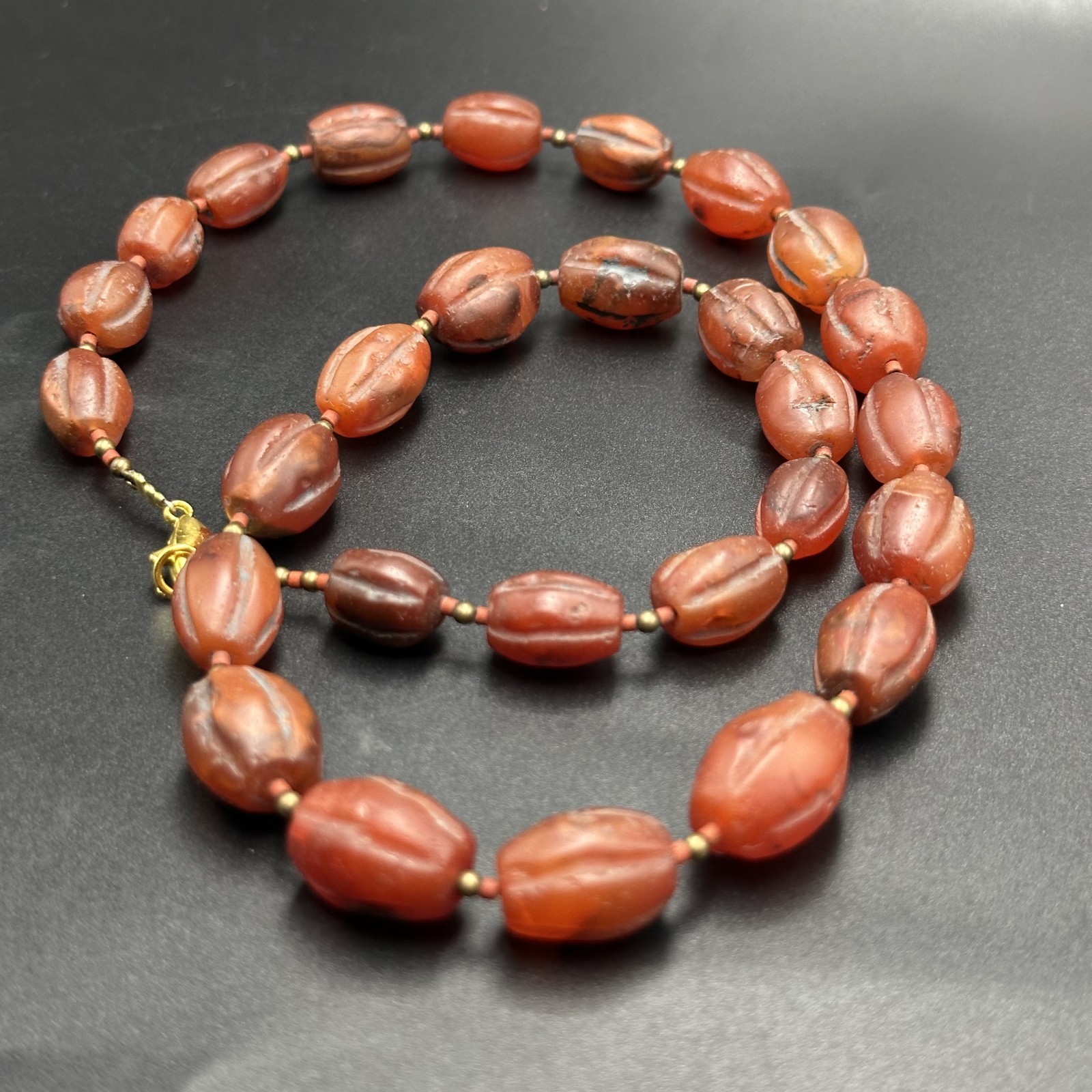 Vintage Himalayan Tibetan Carnelian Carved Agate Oval Shape Beads Necklace Mala