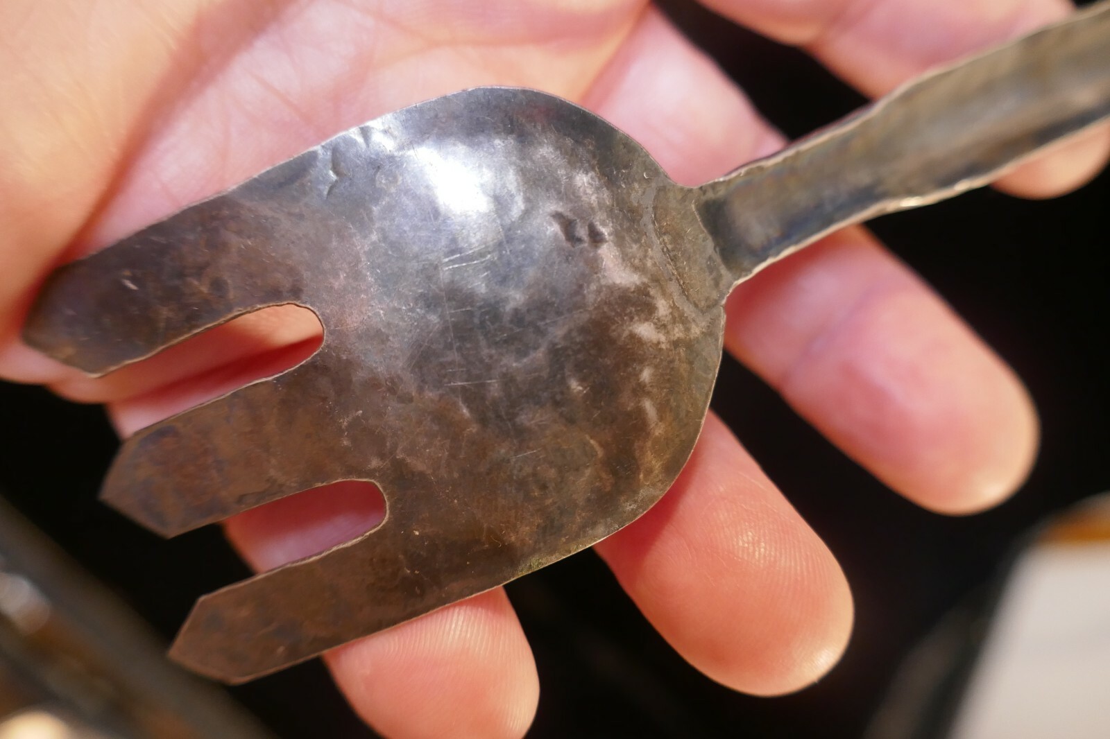 Rare Antique (Tlingit) Native Hand Carved silver Salad Set c:1900 Trade item