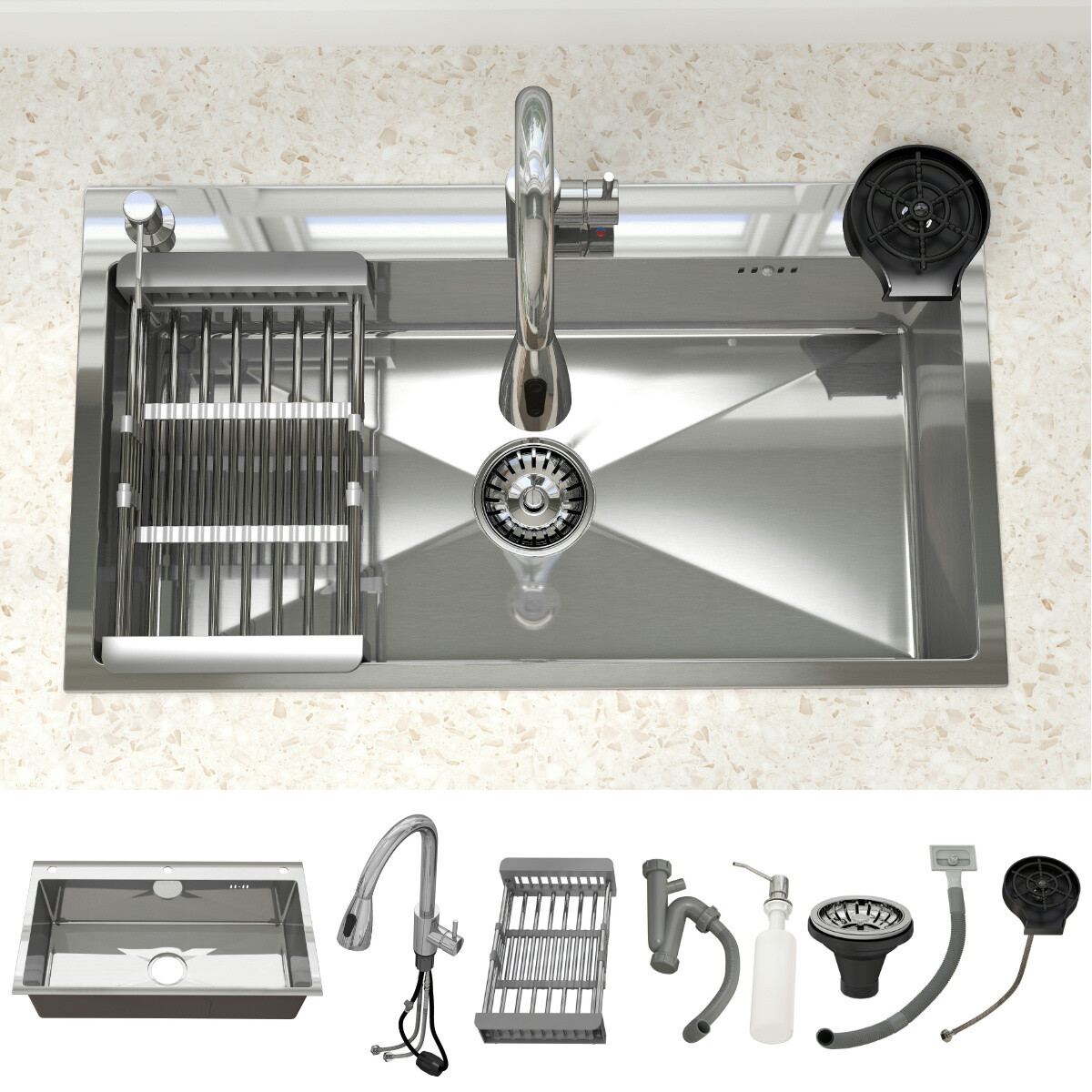 Kitchen Sink Drop In Stainless Steel Single Bowl Top Mount w/ Faucet 28"/30"/32"