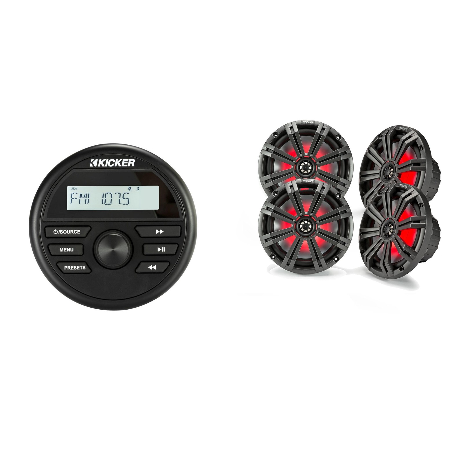 Kicker Marine Radio 46KMC2 and 8" Charcoal Marine LED Speakers (QTY 2) 1 pair...