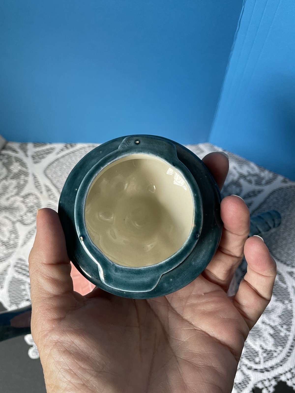 Ceramic Teapot Pink & Teal Basketweave Country Flare Cottagecore Signed Dated