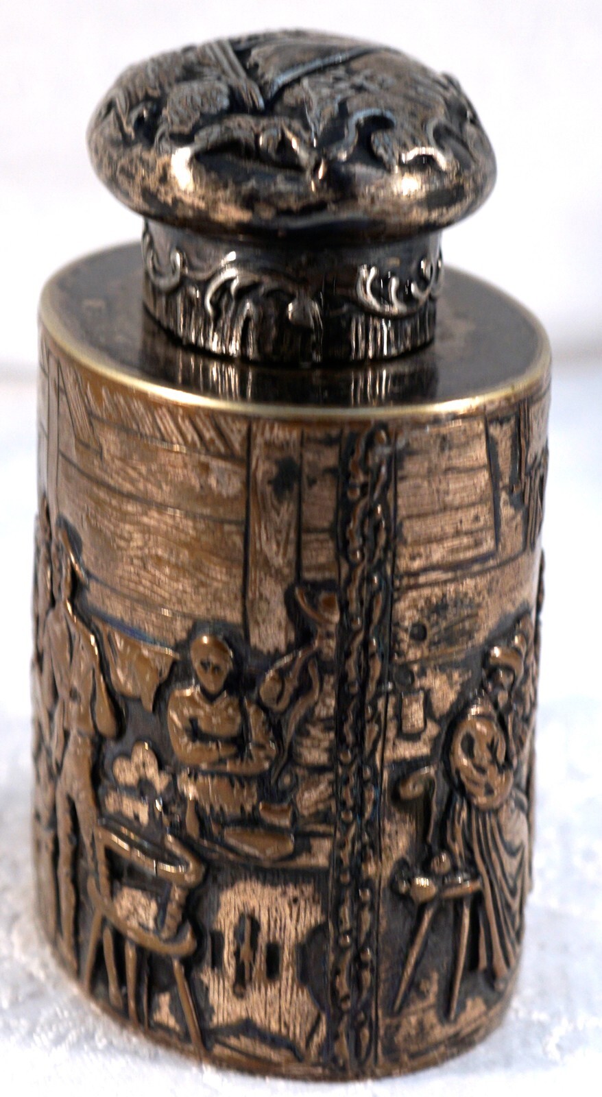Silver Over Copper Repousse Lidded Jar Scenery of People - Sailboat on Lid