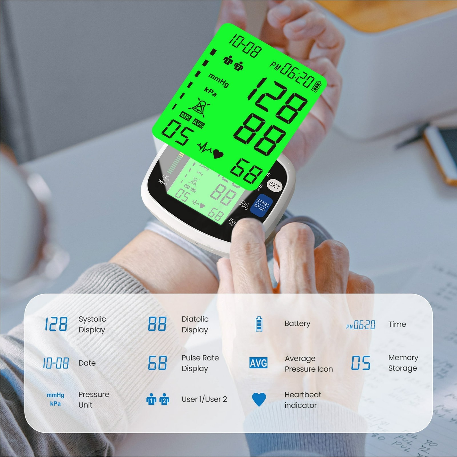 RENPHO Blood Pressure Monitor Wrist Rechargeable Heart Rate Machine Large Displa