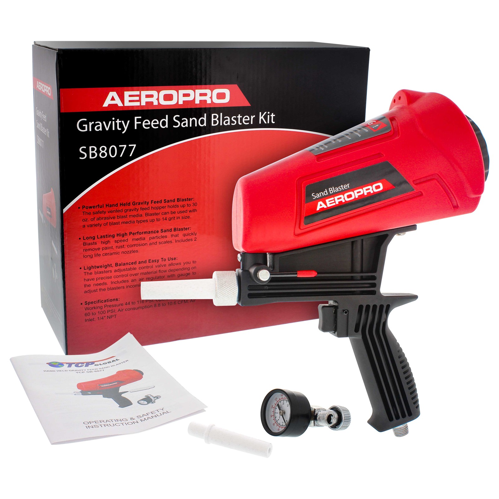 Gravity Feed Sand Blaster Gun Kit, Spray Blasting, 2 Ceramic Nozzles, Regulator