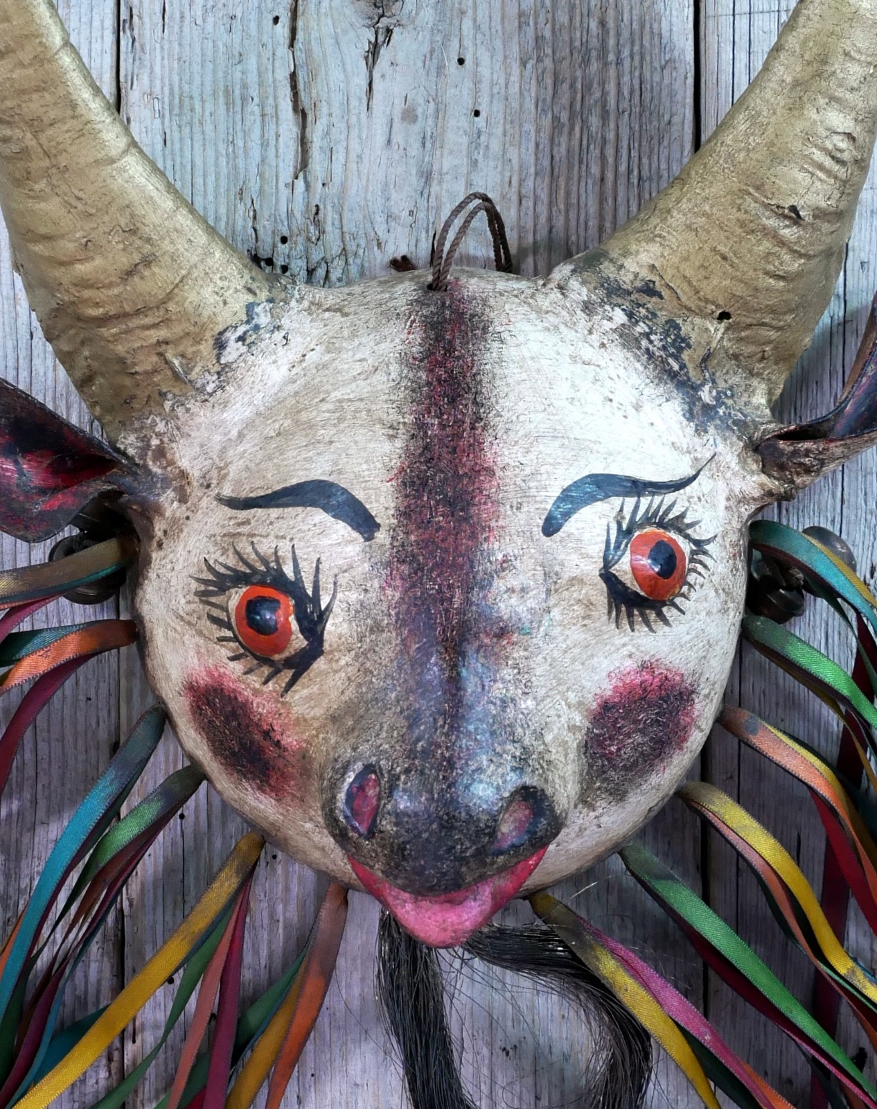 Coconut Goat Mask with Hair Beard Real Horns Handmade Guerrero Mexican Folk Art