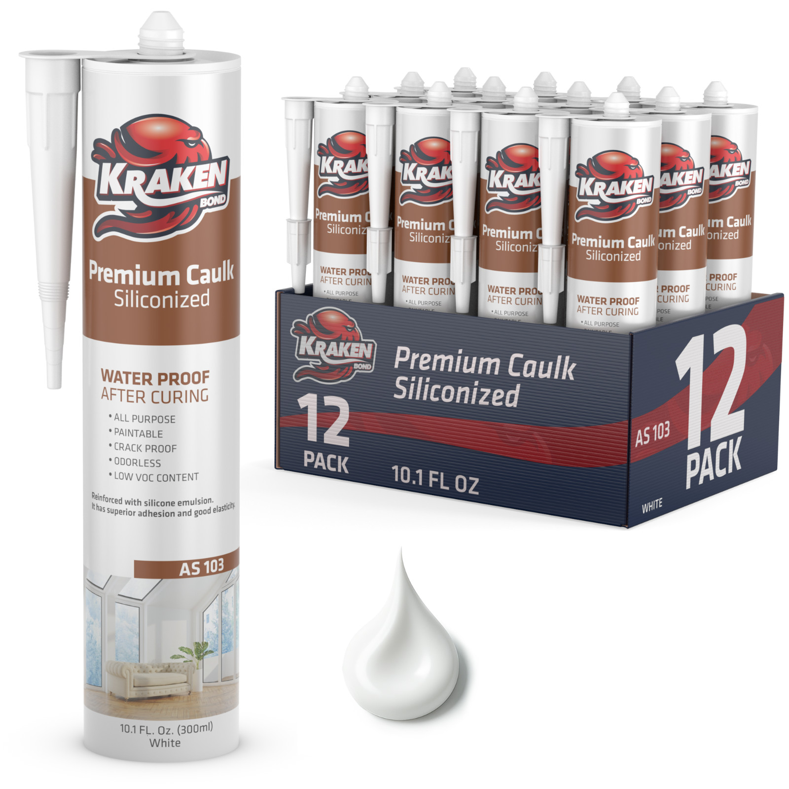 Kraken Bond Premium Siliconized Caulk Sealant, 10.1oz 12 Pack – White
