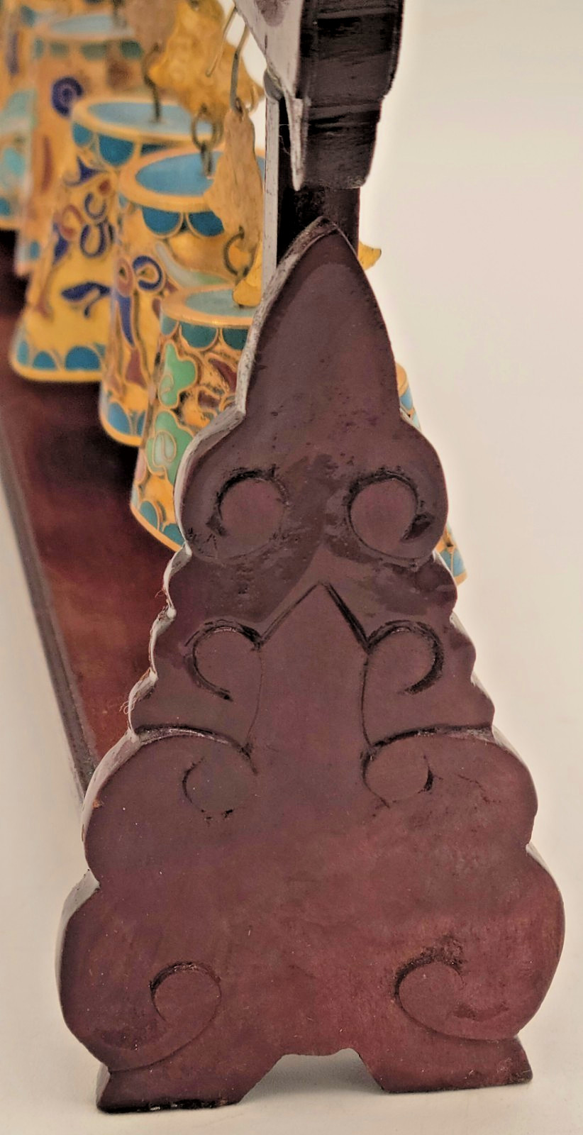 Chinese Cloisonne Graduated Musical Bell Set on Wood Carved Stand FREE SHIP