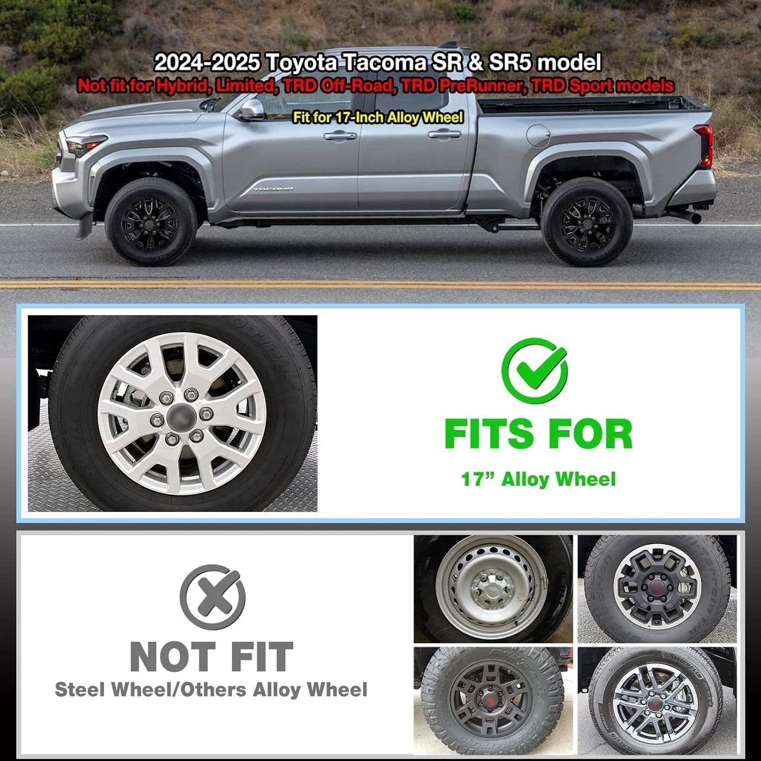 Wheel Skins For 2024-2025 Toyota Tacoma;17 inch Wheel Covers;Set Of 4 Packs