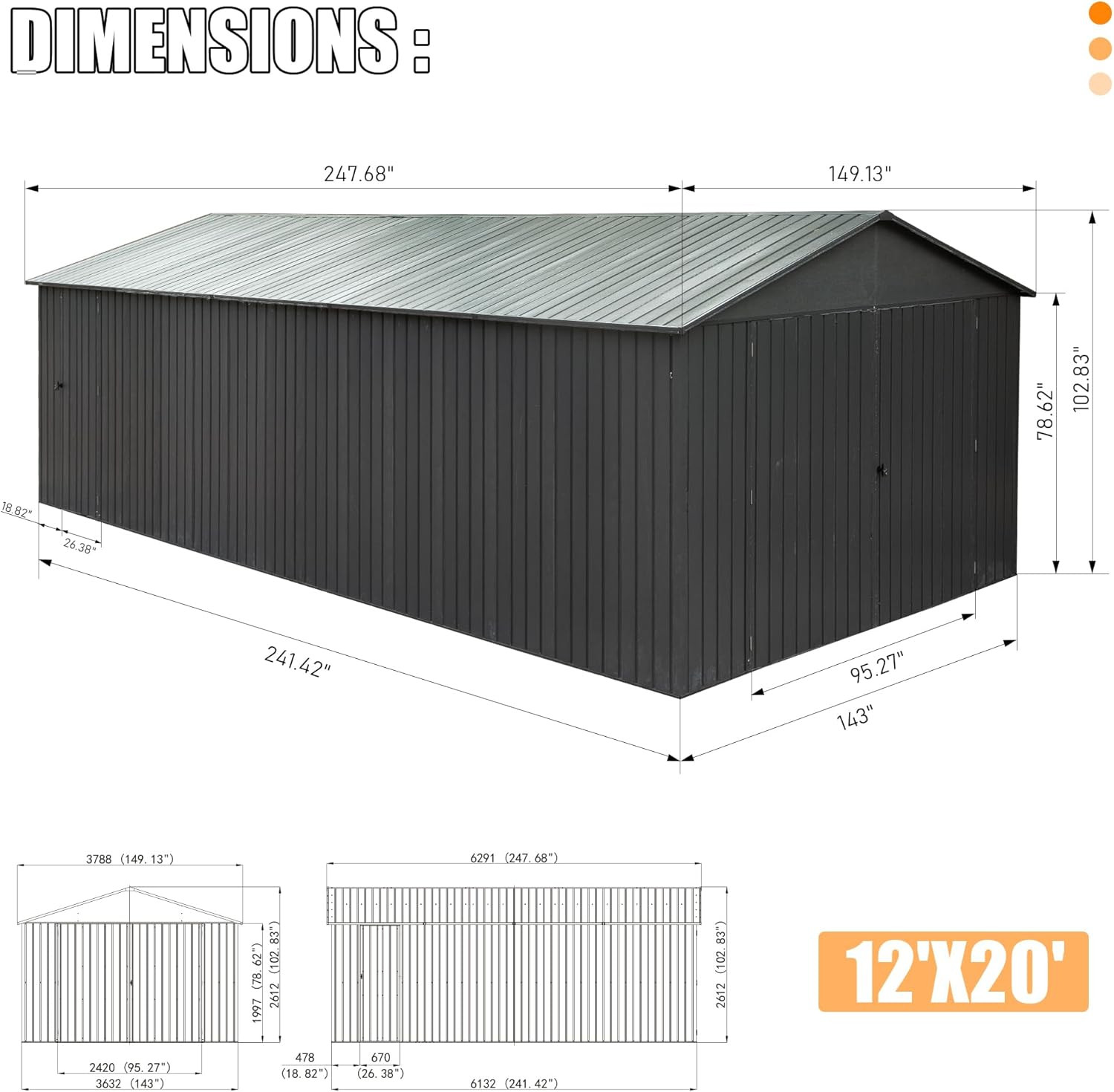Domi 12x20FT Metal Garage Shed Carport with Lockable Doors