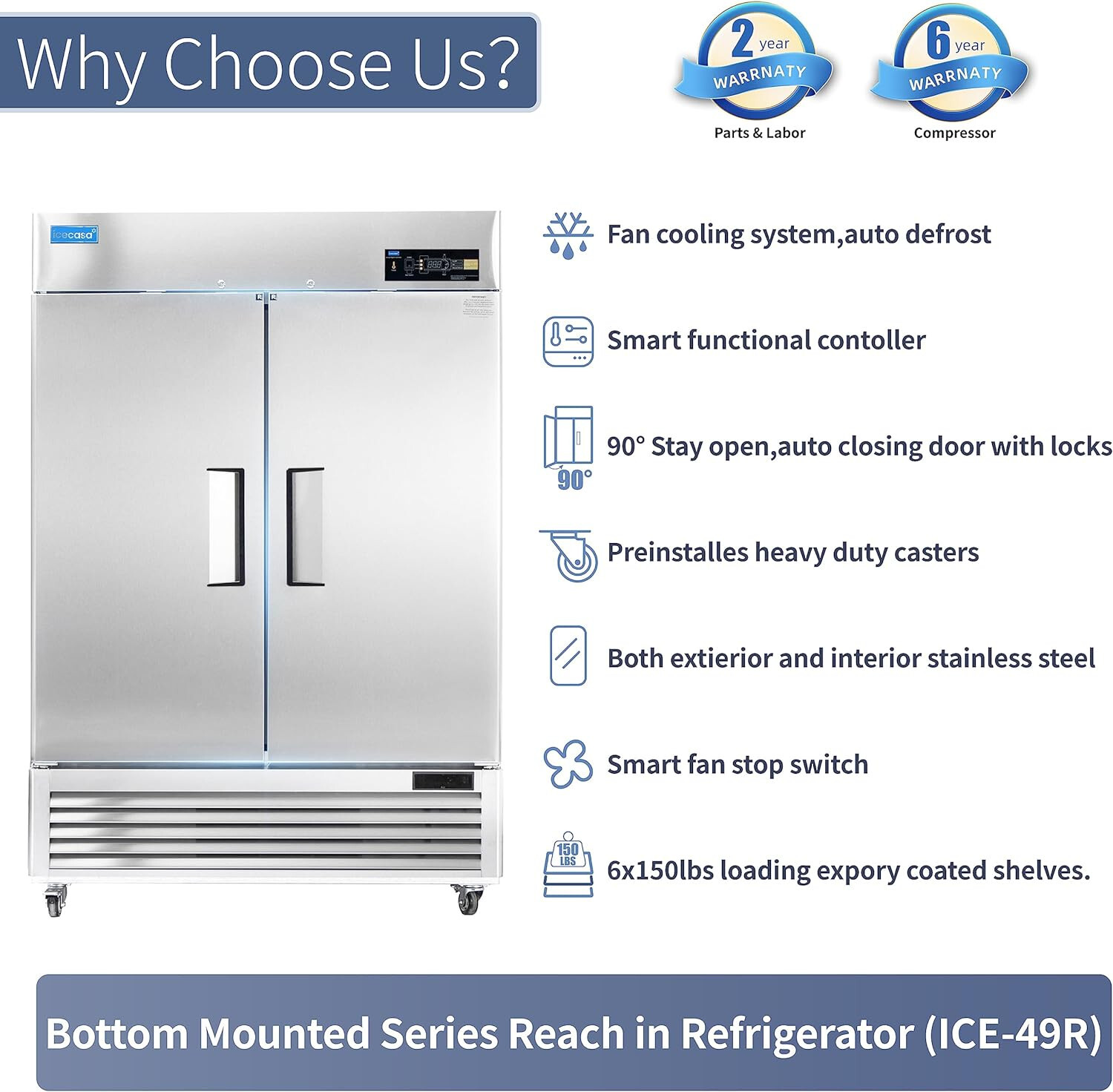 54" Commercial Refrigerator, ICECASA 2 Door Commercial Reach-In Cooler 49 Cu.ft