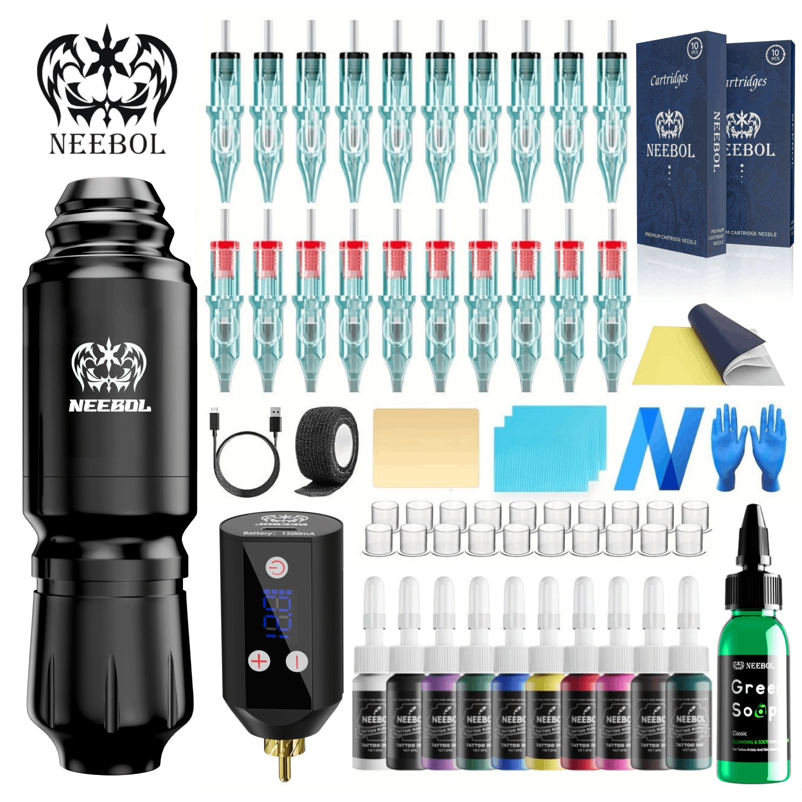 Wireless Tattoo Pen Machine Complet Kit with 1500mAh Power Supply 20Pcs Needles