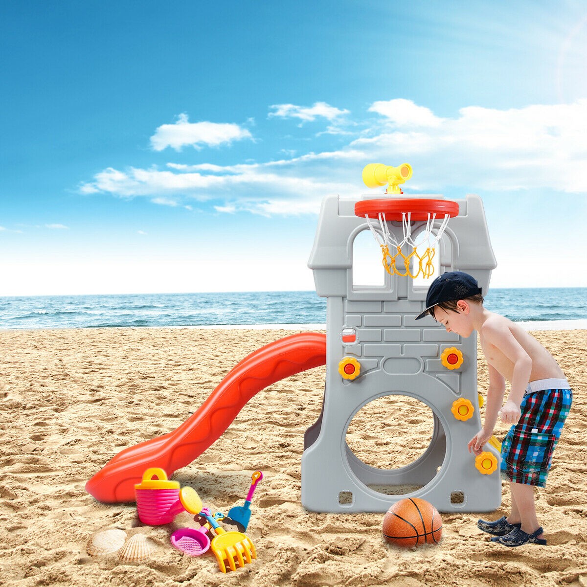 2-Step Children Castle Slide Basketball Hoop and Telescope Toy Indoor & Outdoor