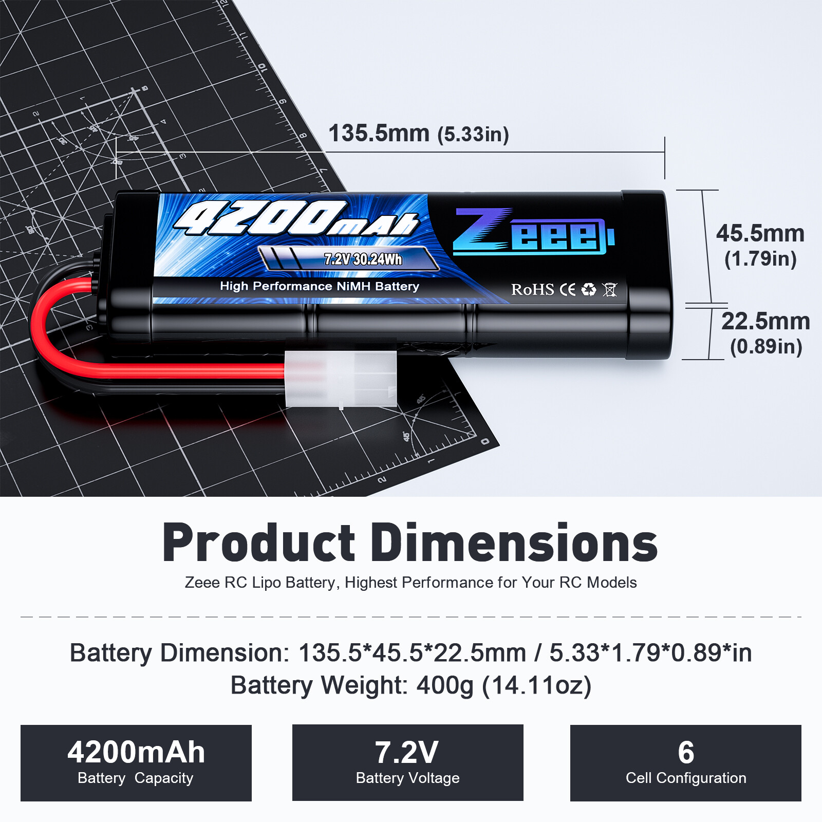 2xZeee 7.2V 4200mAh NiMH Battery Tamiya Connector for RC Kyosho Tamiya Car Truck