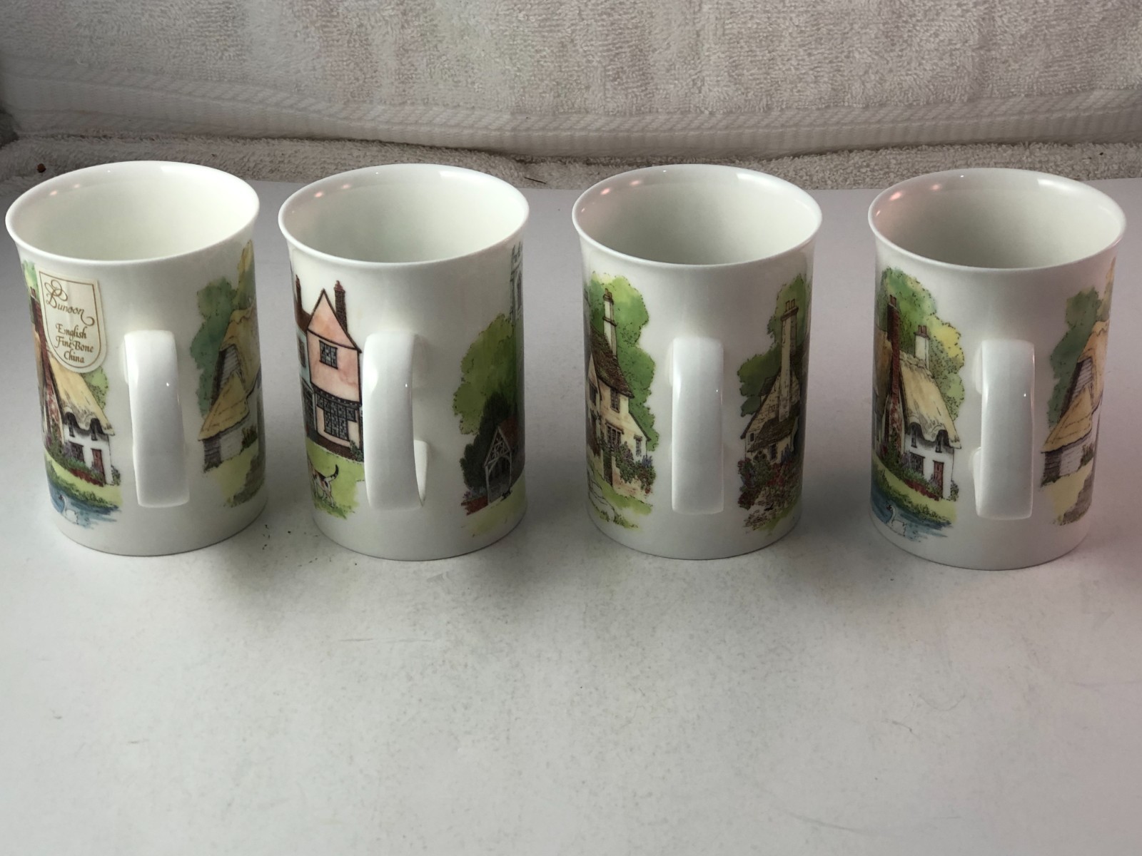 Set of 4 Dunoon Village Greens Bone China Coffee Cups Mugs Sue Scullard England
