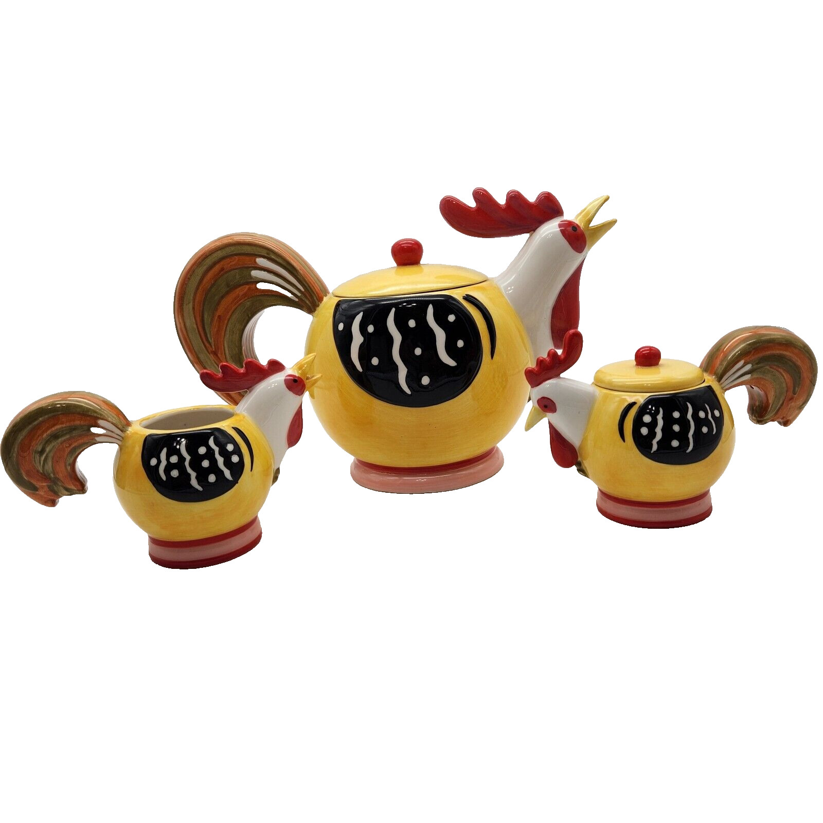 Rooster Teapot Set Creamer Sugar CM Redwine Ceramic Vintage Grannycore Cottage